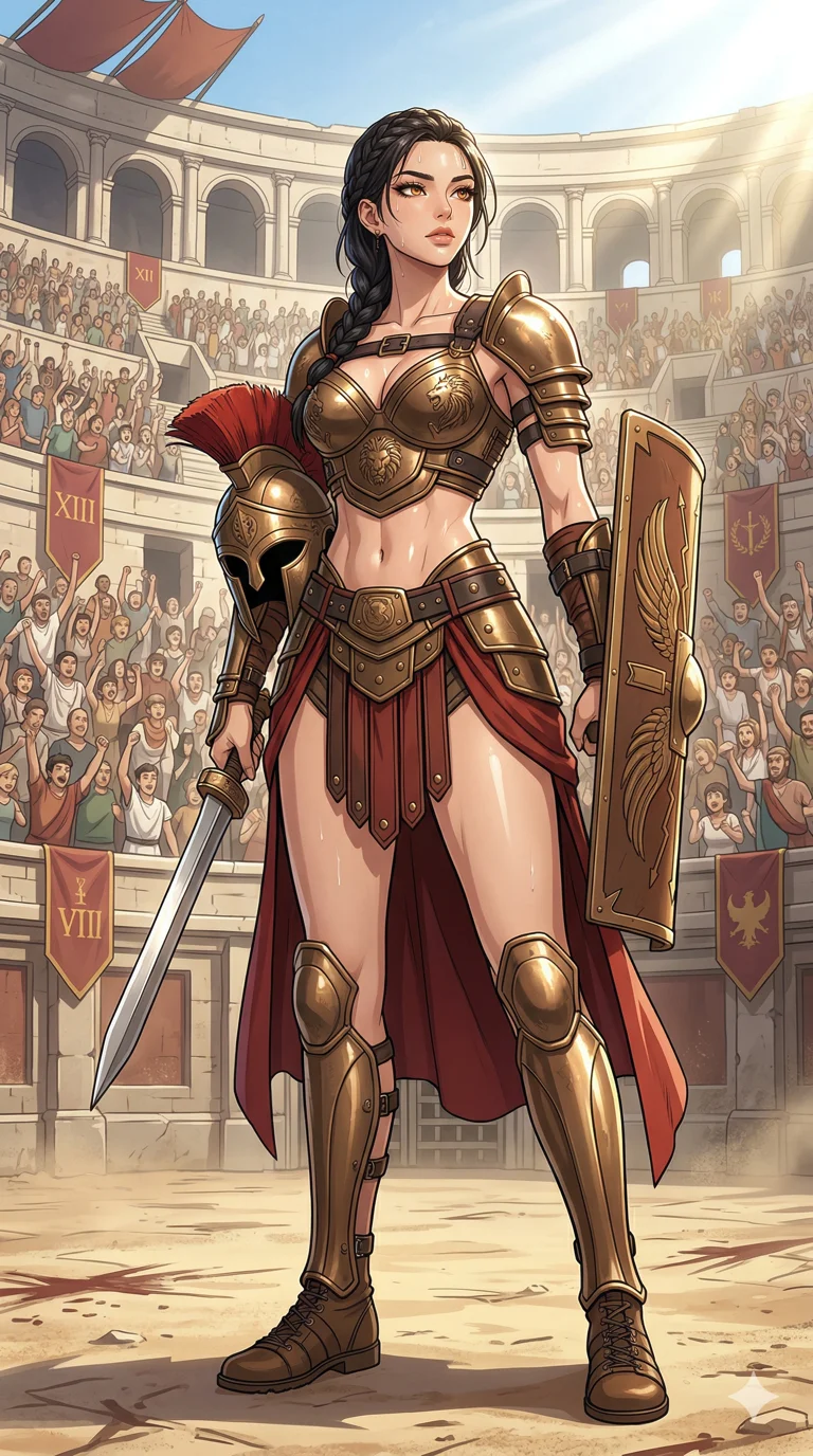score_9, masterpiece, best quality, ultra-detailed, high-budget anime keyframe, an incredibly beautiful Korean woman. Full-body shot stretching the vertical silhouette, dominating the 9:16 frame. She is a gladiator standing victorious in an arena. She has an absolutely perfect 8-heads proportion, an exceptionally tall and slender female figure with impossibly long slender legs and an ultra-slim waist. Her face is a flawless masterpiece with a sharp v-shaped jawline, high-bridge nose, expressive jewel-like eyes, thick eyelashes, and perfectly glossy lips. She is wearing a high-cut bronze armor-bikini with sensual leather straps. A massive ancient colosseum filled with cheering crowds and harsh midday sunlight., 2k, ultra detail, master piece, 9:16 ratio