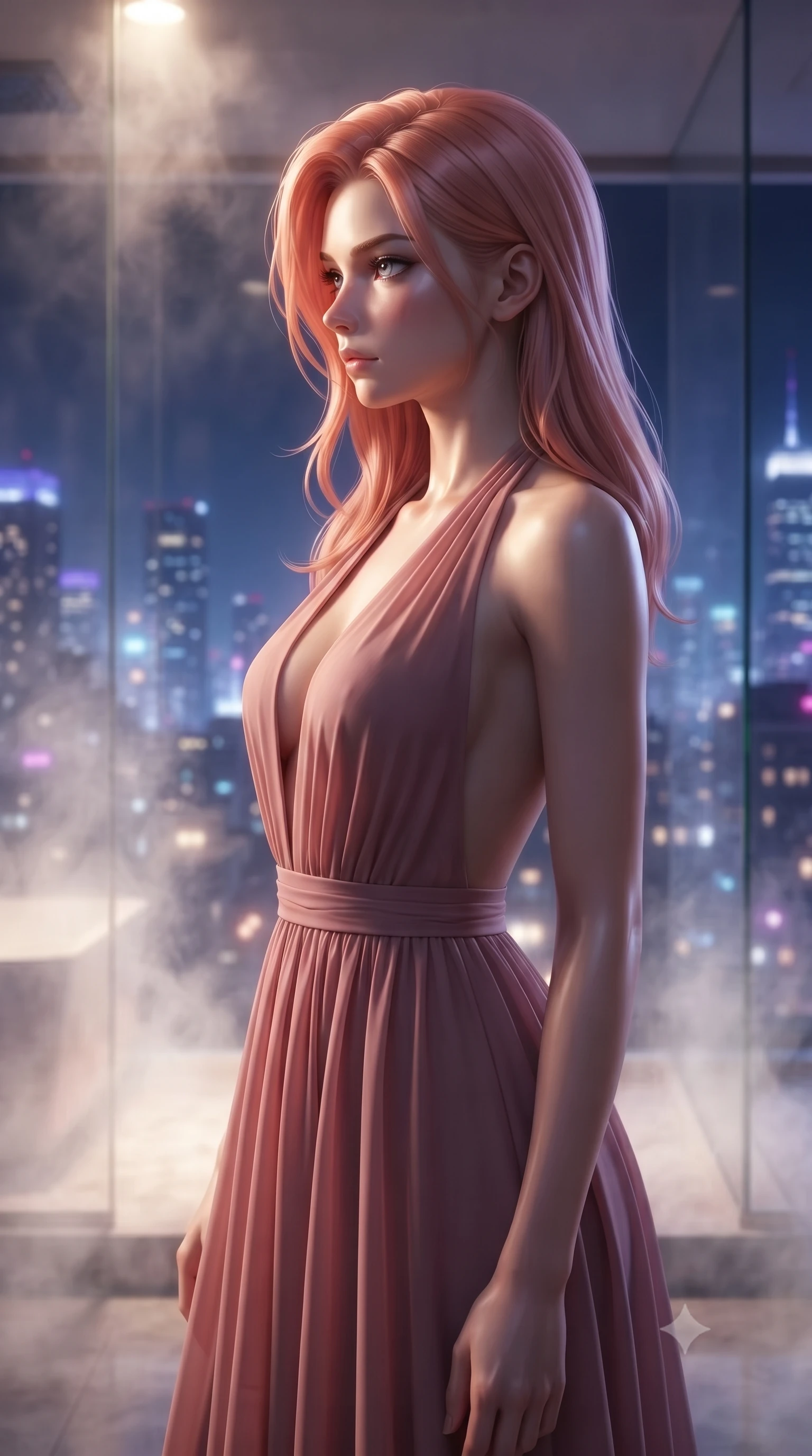 score_9, masterpiece, best quality, ultra-detailed, high-budget anime keyframe, editorial fashion photography, tasteful artistic composition, Japanese woman woman. close-up cowboy shot from the waist and thighs up, the character dominates the composition, filling the frame with her large presence, background elements kept in soft focus. turning her face in sharp profile, casting a cold, mysterious, yet intensely alluring side gaze, the background shows a soft-focus a high-rise private steam room with glass walls overlooking the city lights at night. She has an exceptionally elegant, slender, and willowy female figure with an ultra-slim waist, a gracefully sculpted slender torso, and a refined silhouette. sharp v-shaped jawline, high-bridge nose, intricate jewel-like eyes with depth, thick eyelashes, glossy lips with a natural sheen. wearing a tailored deep plunging-V neck maxi dress in dusty rose chiffon with a bold halter neck and low-cut back. glittering blue and violet city skyline lights contrasting with warm steam glow. ultra-reflective glossy finish, specular highlights, metallic sheen, high-contrast stereoscopic depth, volumetric dynamic lighting, 2k, ultra detail, master piece, 9:16 ratio