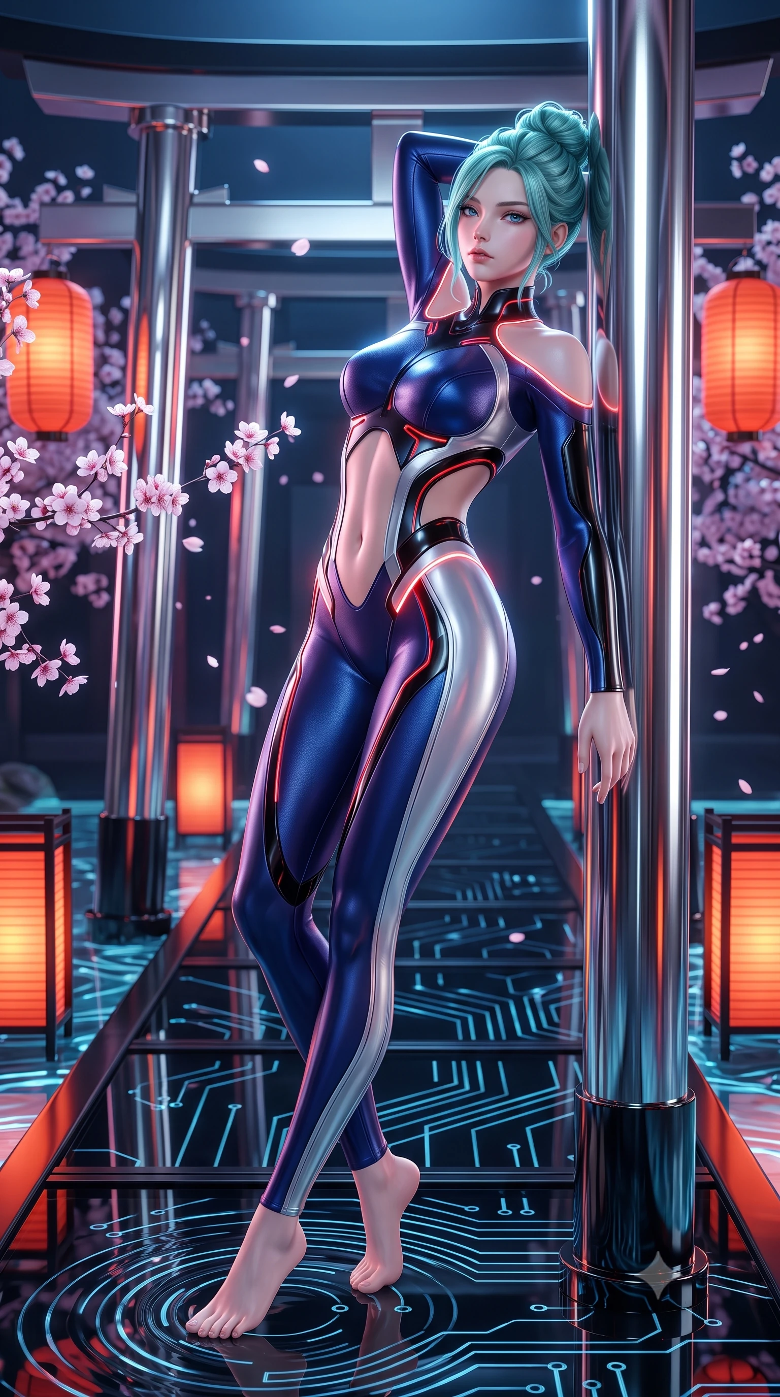 score_9, masterpiece, best quality, ultra-detailed, high-budget anime keyframe, semi-realistic 3D game render, editorial fashion photography, tasteful artistic composition, Japanese woman. low angle full-body shot from head to toe showing her feet, filling the entire 9:16 vertical frame with her statuesque presence, stretching her vertical silhouette. arching her spine in a fluid zero-gravity turn with sovereign grace, her long slender legs and sculpted torso creating a sweeping line while leaning against a chrome torii pillar with a serene, haughty gaze as digital cherry blossoms float past. The surrounding environment is rendered in vivid detail and crisp panoramic clarity. sharp digital circuit water ripples, vermilion cyber-lanterns, and black glass walkway in high clarity. She has an absolutely perfect, statuesque 8.5-heads proportion, an exceptionally tall and slender model-like female figure with impossibly long slender legs, a toned flat midriff, and an ultra-slim waist. sharp v-shaped jawline, high-bridge nose, intricate jewel-like eyes with depth, thick eyelashes, glossy lips with a natural sheen, flawlessly proportioned anatomical accuracy, strict slender model proportions, natural body alignment, perfectly sculpted long slender limbs, ultra-slim waistline, clean dynamic posture without body distortion. wearing a statuesque midnight cobalt and polished platinum bodysuit featuring sleek aerodynamic contour lines and glowing circuit accents in high-gloss obsidian black and burning laser crimson accents, crafted from delicate iridescent organza interwoven with luminescent micro-fibers, accented with glowing fiber-optic seams tracing her collarbones and hip curves, the precision-cut daring openings accentuating her delicate midriff, graceful bare collarbones, and ultra-slim feminine waistline. illuminated by crisp specular highlights tracing her sculpted flat midriff, waist, and long slender legs. rich saturated anime colors with glowing neon highlights, detailed shading with soft gradients, rich glossy textures, high-contrast stereoscopic depth, volumetric dynamic lighting, master piece, 9:16 ratio