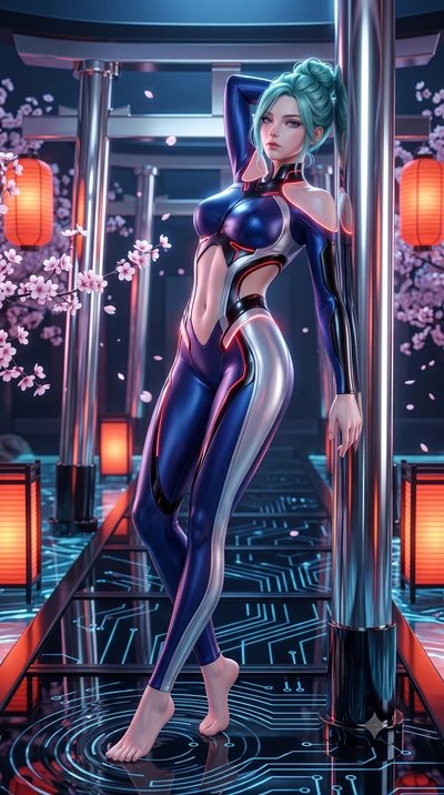score_9, masterpiece, best quality, ultra-detailed, high-budget anime keyframe, semi-realistic 3D game render, editorial fashion photography, tasteful artistic composition, Japanese woman. low angle full-body shot from head to toe showing her feet, f