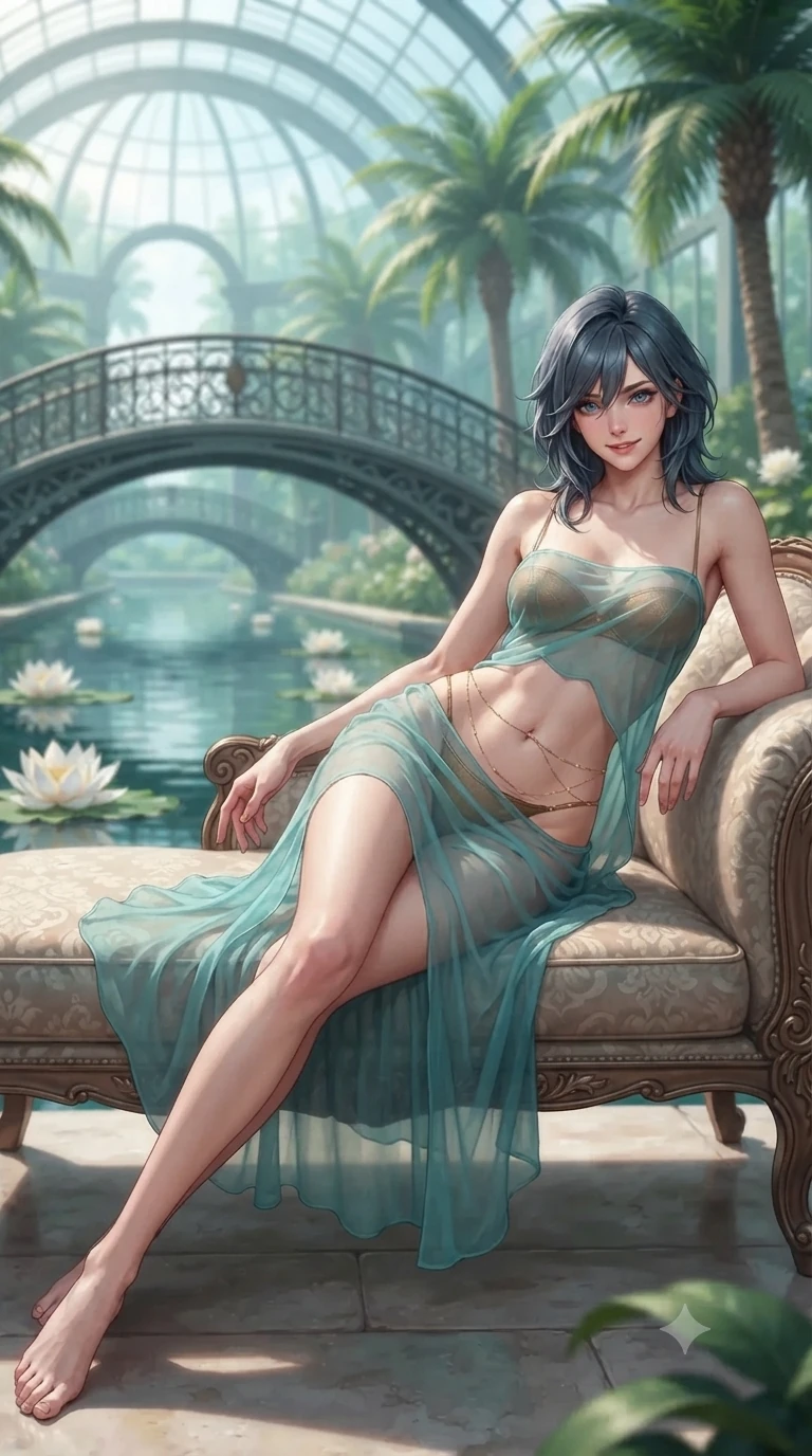 score_9, masterpiece, best quality, ultra-detailed, high-budget anime keyframe, editorial fashion photography, tasteful artistic composition, Caucasian woman. low angle full-body shot from head to toe showing her feet, filling the entire 9:16 vertical frame with her statuesque presence, stretching her vertical silhouette. reclining gracefully across the plush chaise lounge with one leg extended, her sculpted silhouette and flat midriff radiating magnetic nocturnal glamour while twisting her slender torso in an alluring S-curve beside the water fountain, canal reflections tracing her flat midriff and hips. The background shows a soft-focus arched iron bridges, floating white lotus blossoms, and towering tropical palms blurred into aquamarine, ivory, and emerald bokeh. She has an absolutely perfect, statuesque 8.5-heads proportion, an exceptionally tall and slender model-like female figure with impossibly long slender legs, an ultra-slim waist, a flat toned midriff, narrow delicate ribcage, and beautifully sculpted feminine hips creating a graceful, slim hourglass silhouette without any bulky heaviness. sharp v-shaped jawline, high-bridge nose, sparkling eyes with hypnotic seductive depth, thick curled eyelashes, glossy parted lips with a natural dewy peach sheen, alluring bedroom-eyes with an enchanting coquettish smile, exuding magnetic siren charisma and sophisticated glamour, flawlessly proportioned anatomical accuracy, strict slender model proportions, natural body alignment, perfectly sculpted long slender limbs, ultra-slim waistline, clean dynamic posture without body distortion. wearing a delicately layered semi-sheer gossamer silk slip dress revealing her sculpted silhouette over an opaque micro-bandeau and briefs in turquoise patina and burnished vintage brass, made of sheer gossamer chiffon that drapes softly against skin with airy translucence, accented with a dainty gold belly chain resting across her flat midriff and curving hips, the impeccably tailored cut draping gracefully along her slender figure with aristocratic botanical poise. bathed in glorious, crystal-clear morning sun pouring through curved glass roofs onto reflecting canals. ultra-reflective glossy finish, specular highlights, rich textural contrasts, high-contrast stereoscopic depth, volumetric dynamic lighting, 2k, ultra detail, master piece, 9:16 ratio