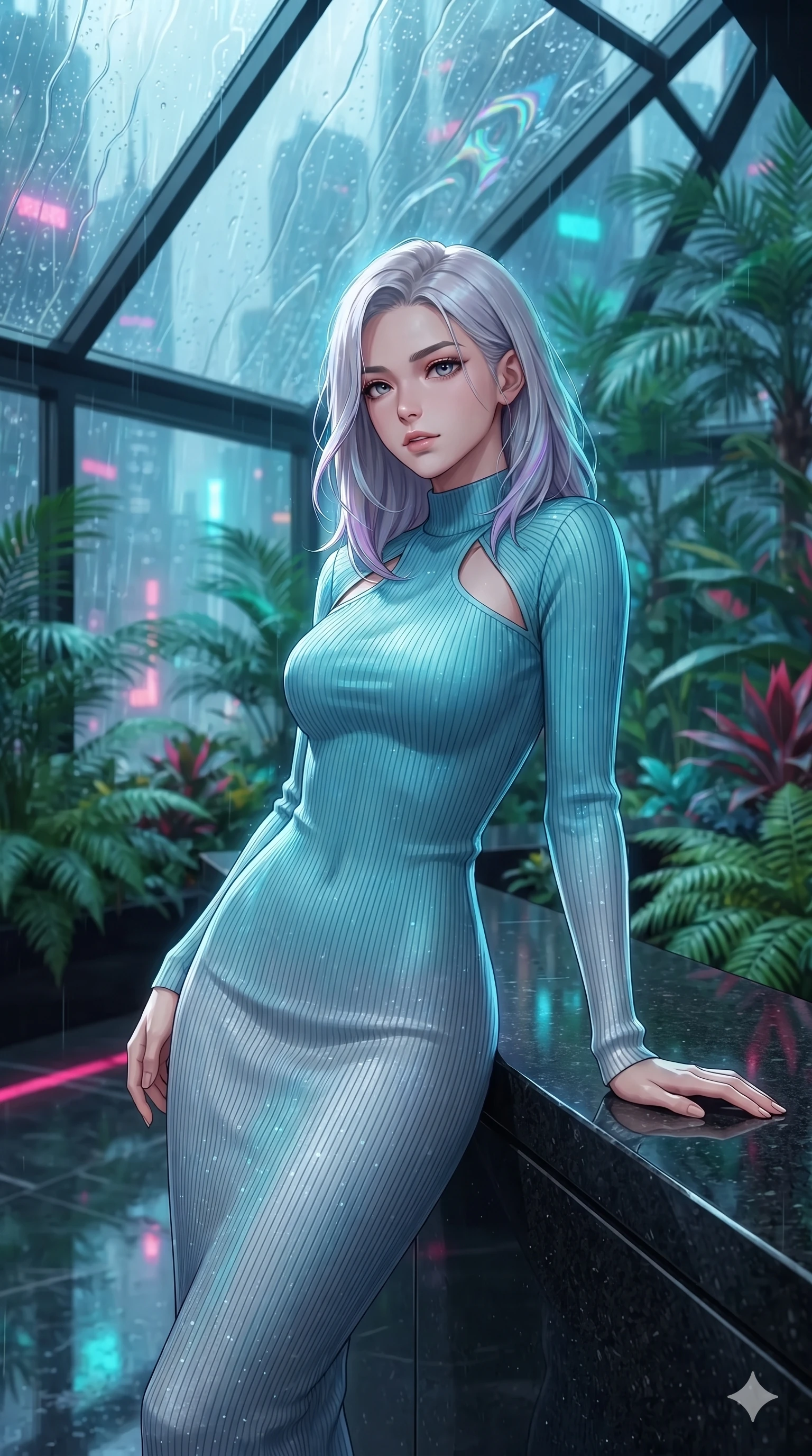 score_9, masterpiece, best quality, ultra-detailed, high-budget anime keyframe, editorial fashion photography, tasteful artistic composition, Caucasian woman. close-up cowboy shot from the waist and thighs up, the character dominates the composition, filling the frame with her large presence. leaning back against the balustrade with relaxed seductive grace, head tilted back slightly while casting a hypnotic, heavy-lidded gaze while standing poised on the polished black granite walkway inside the high-altitude rooftop greenhouse, arching her back with siren poise as acid rain streams down the slanted glass skylight. The background shows a soft-focus torrents of rain running down faceted glass ceilings, distant neon skyscraper crowns, and lush tropical greenhouse foliage blurred into cyan, emerald, and ruby bokeh. She has an exceptionally elegant, slender, and willowy female figure with an ultra-slim waist, flat toned midriff, narrow ribcage, and sculpted feminine hips creating an alluring, slim hourglass silhouette without bulk. sharp v-shaped jawline, high-bridge nose, intricate jewel-like sparkling eyes with depth, thick eyelashes, glossy parted lips with a natural peach sheen, bright cheerful beaming smile with an enchanting and coquettish sensual glint, exuding both youthful cute charm and seductive allure, flawlessly proportioned anatomical accuracy, strict slender model proportions, natural body alignment, perfectly sculpted long slender limbs, ultra-slim waistline, clean dynamic posture without body distortion. wearing an ultra-sleek form-fitting ribbed knit midi dress with elegant collar cutouts contouring her feminine hourglass silhouette in glacial aurora cyan and starlight silver, woven from stretch metallic lurex jersey casting radiant starlight glints across her curves, accented with a dainty gold belly chain resting across her flat midriff and curving hips, the second-skin tailored fabric adhering flawlessly to her sculpted flat midriff and slender torso, emphasizing her long leg lines and perfectly proportioned willowy build. illuminated by wet floor reflection bounce and sharp rain-cyan rim lights sculpting her razor-sharp jawline, narrow waist, and curvy hips. ultra-reflective glossy finish, specular highlights, rich textural contrasts, high-contrast stereoscopic depth, volumetric dynamic lighting, 2k, ultra detail, master piece, 9:16 ratio