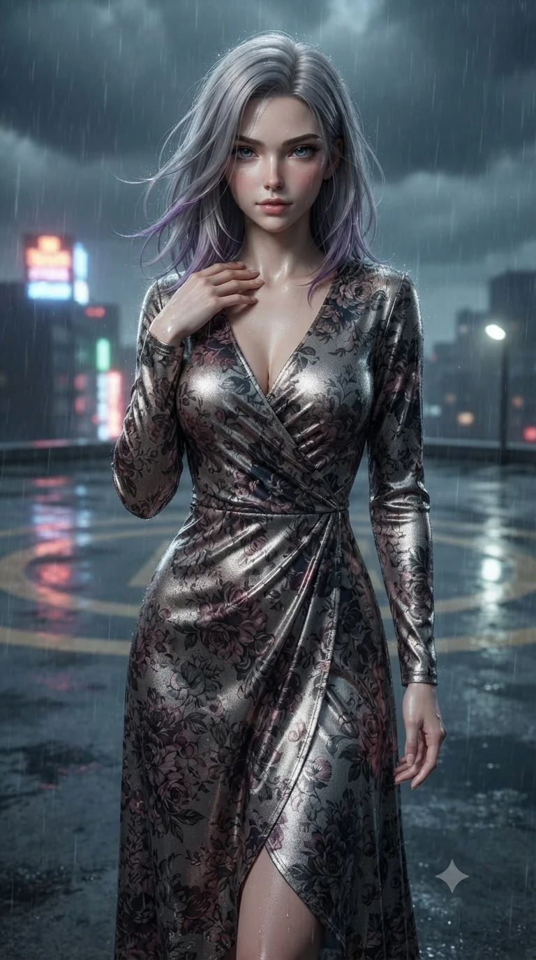 score_9, masterpiece, best quality, ultra-detailed, high-budget anime keyframe, editorial fashion photography, tasteful artistic composition, Caucasian woman. close-up cowboy shot from the waist and thighs up, the character dominates the composition, filling the frame with her large presence, background elements kept in soft focus. standing with one hand resting on her collarbone, looking at the viewer with bedroom-eyes the background shows a soft-focus a rooftop helipad circle during a heavy thunderstorm with wet concrete. She has an exceptionally elegant, slender, and willowy female figure with an ultra-slim waist, a gracefully sculpted slender torso, and a refined silhouette. sharp v-shaped jawline, high-bridge nose, intricate jewel-like eyes with depth, thick eyelashes, glossy lips with a natural sheen. wearing a body-hugging flowy floral-patterned wrap dress with long sleeves and a modest V-neck. vibrant streetlights and neon signs reflecting off the wet asphalt surface. ultra-reflective glossy finish, specular highlights, metallic sheen, high-contrast stereoscopic depth, volumetric dynamic lighting, 2k, ultra detail, master piece, 9:16 ratio