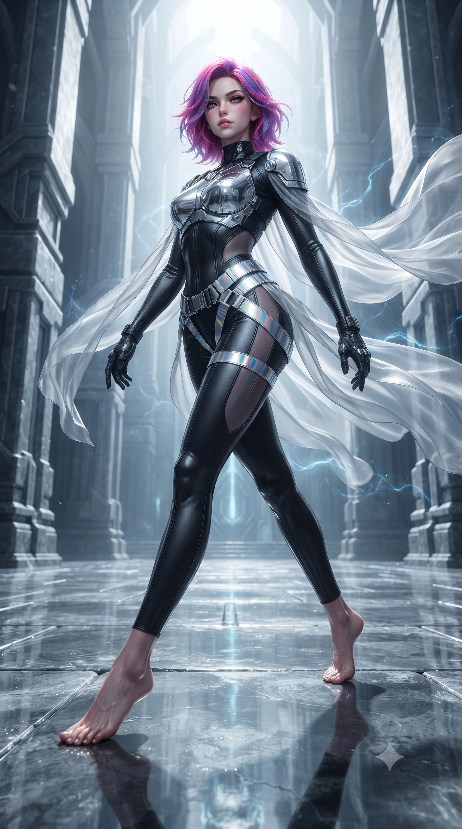 score_9, masterpiece, best quality, ultra-detailed, high-budget anime keyframe, editorial fashion photography, tasteful artistic composition, Caucasian woman. low angle full-body shot from head to toe showing her feet, filling the entire 9:16 vertical frame with her statuesque presence, stretching her vertical silhouette. reclining on her side in an elegant Cleopatra pose with one knee drawn up, the dramatic contour of her rounded hips and long slender legs commanding the 9:16 vertical frame while striding across the reflective frozen stone temple floor, hips swaying in an alluring rhythm as gale-force winds whip her silk drapery. The surrounding environment is rendered in vivid detail and crisp panoramic clarity. monumental high-contrast Nordic sci-fi chiaroscuro and mythic glacial architecture in precision. She has an absolutely perfect, statuesque 8.5-heads proportion, an exceptionally tall and slender model-like female figure with impossibly long slender legs, a toned flat midriff, an ultra-slim waist, and beautifully sculpted feminine hips. sharp v-shaped jawline, high-bridge nose, intricate jewel-like eyes with depth, thick eyelashes, glossy parted lips with a natural sheen, intensely captivating and seductive bedroom-eyes expression, flawlessly proportioned anatomical accuracy, strict slender model proportions, natural body alignment, perfectly sculpted long slender limbs, ultra-slim waistline, clean dynamic posture without body distortion. wearing a sleek chrome armor breastplate worn over a second-skin black catsuit with open back and hip harness in holographic silver prism and deep graphite, made of flexible reflective spandex and heavy tactical webbing, finished with discreet carbon fiber knuckle guards and matte black buckles, the precision-cut side openings and low-back scoop framing her graceful spine and the sensual sweep of her hips. surrounded by an indomitable, lethal, and breathtakingly majestic cyber-valkyrie goddess aura. ultra-reflective glossy finish, specular highlights, rich textural contrasts, high-contrast stereoscopic depth, volumetric dynamic lighting, 2k, ultra detail, master piece, 9:16 ratio