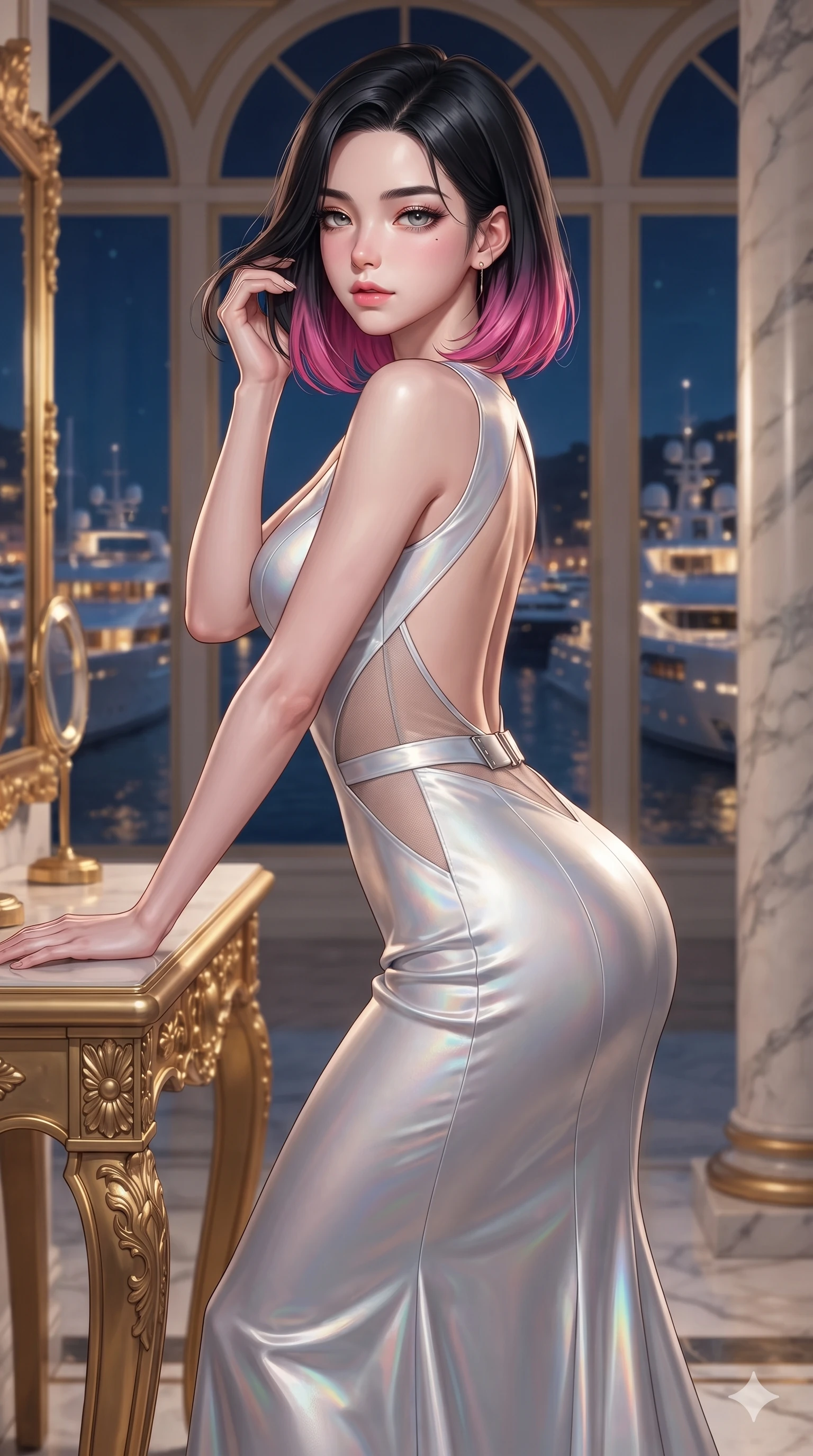 score_9, masterpiece, best quality, ultra-detailed, high-budget anime keyframe, editorial fashion photography, tasteful artistic composition, Korean woman. close-up cowboy shot from the waist and thighs up, the character dominates the composition, filling the frame with her large presence. gently brushing a lock of hair behind her ear while casting a playful, flirtatious side-gaze with long eyelashes while leaning against the gilded console table with hips cocked back, looking through towering arched windows at illuminated harbour yachts with heavy-lidded gaze. The composition keeps background elements in soft focus with creamy bokeh: towering arched windows revealing illuminated Mediterranean yachts, gilded pier mirrors, and fluted marble pillars blurred into sapphire, gold, and aquamarine bokeh. She has an exceptionally elegant, slender, and willowy female figure with an ultra-slim waist, flat toned midriff, narrow ribcage, and sculpted feminine hips creating an alluring, slim hourglass silhouette without bulk. sharp v-shaped jawline, high-bridge nose, intricate jewel-like eyes with depth, thick eyelashes, glossy parted lips with a natural sheen, intensely captivating and seductive bedroom-eyes expression, flawlessly proportioned anatomical accuracy, strict slender model proportions, natural body alignment, perfectly sculpted long slender limbs, ultra-slim waistline, clean dynamic posture without body distortion. wearing a sculptured liquid-satin mermaid gown with an architectural open-waist cutout and bare spine descending to the tailbone in iridescent mother-of-pearl and liquid molten silver, accented with semi-sheer mesh inserts accentuating her sculpted flat midriff, finished with sleek magnetic buckle closures fluttering in the breeze, the dramatically scooped open back descending to the base of her spine, accentuating her razor-sharp statuesque lines and slim hourglass silhouette. sharp directional spotlights sculpting her razor-sharp jawline, narrow waist, and curvy hips. ultra-reflective glossy finish, specular highlights, rich textural contrasts, high-contrast stereoscopic depth, volumetric dynamic lighting, 2k, ultra detail, master piece, 9:16 ratio
