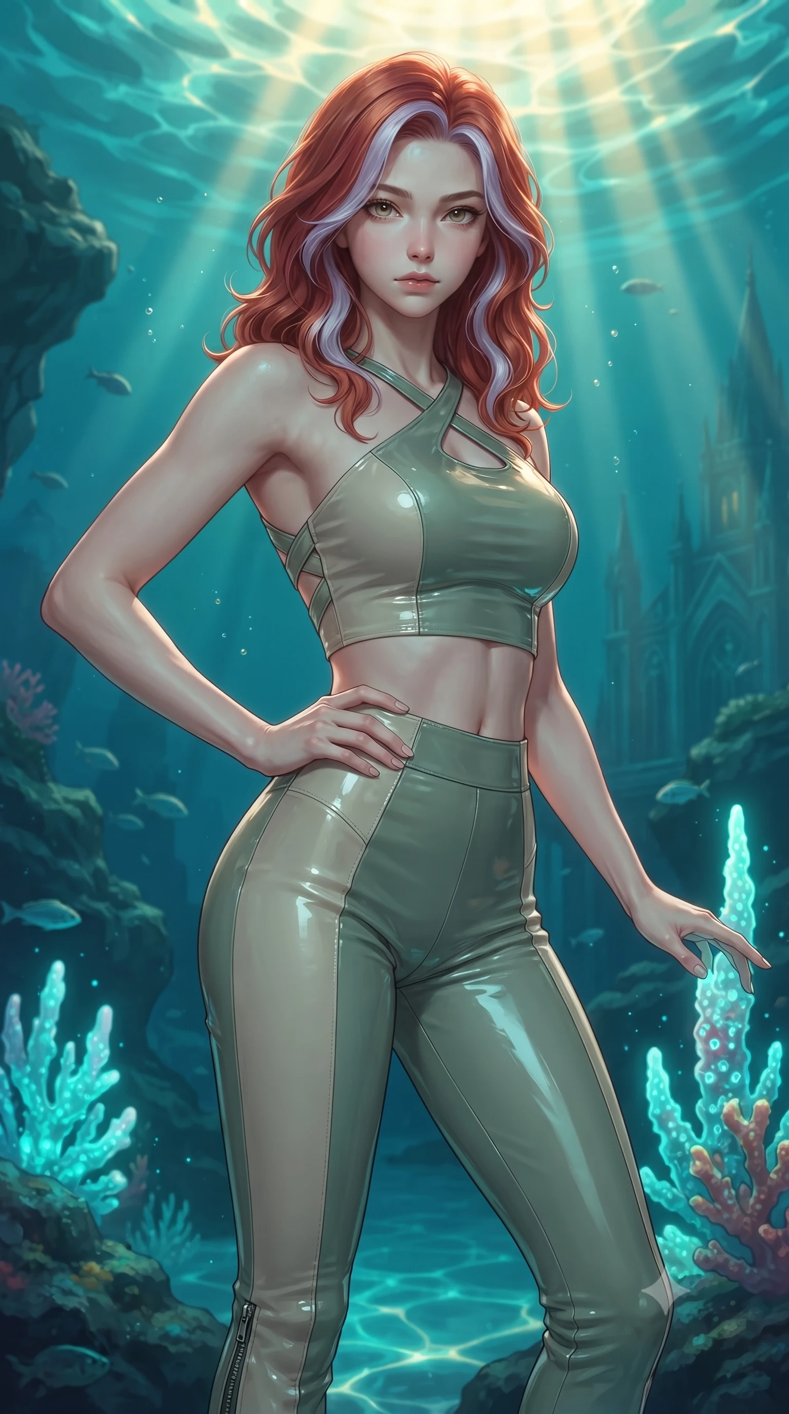 score_9, masterpiece, best quality, ultra-detailed, high-budget anime keyframe, editorial fashion photography, tasteful artistic composition, Caucasian woman. close-up cowboy shot from the waist and thighs up, the character dominates the composition, filling the frame with her large presence, background elements kept in soft focus. Holding a confident power pose with one hand on her hip, gazing directly into the camera with quiet intensity touching a bioluminescent coral spire in a sun-drenched underwater cathedral, golden sunbeams penetrating deep turquoise water creating caustic light patterns. She has an exceptionally elegant, slender, and willowy female figure with an ultra-slim waist, a gracefully sculpted slender torso, and a refined silhouette. sharp v-shaped jawline, high-bridge nose, intricate jewel-like eyes with depth, thick eyelashes, glossy lips with a natural sheen. wearing a glossy vinyl crop top and high-waist tailored leggings with sleek zippers in sage green and oatmeal, tailored from high-gloss patent leather, complemented by criss-cross back straps highlighting her bare shoulders, the form-contouring material highlighting her ultra-slim waist and long lines. illuminated by luminous aqua bioluminescence and warm golden top lighting. highly saturated vibrant anime colors, detailed shading with soft gradients, rich glossy textures, high-contrast stereoscopic depth, volumetric dynamic lighting, master piece, 9:16 ratio