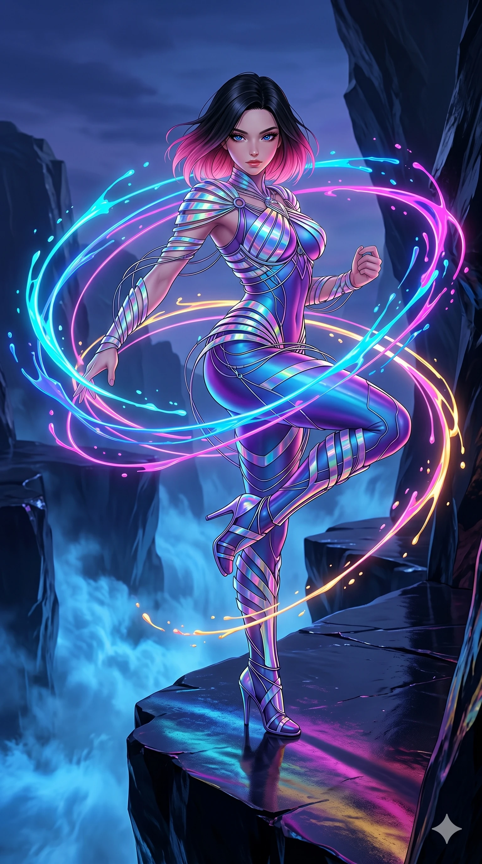 score_9, masterpiece, best quality, ultra-detailed, high-budget anime keyframe, editorial fashion photography, tasteful artistic composition, Korean woman. upper body close-up from the thighs up, character filling the screen for maximum presence. swirling in a vortex of on a ledge of obsidian overlooking a canyon filled with glowing blue mist while streams of liquid neon paint splash and form glowing halos. She has an absolutely perfect 8-heads proportion, an exceptionally tall and slender female figure with impossibly long slender legs and an ultra-slim waist. V-shaped jawline, high-bridge nose, intricate jewel-like eyes with depth, thick eyelashes, glossy lips with a natural sheen.. wearing a holographic ribbon shell armor, featuring thin iridescent plates linked by wire straps over a sleek contouring base. under a magical twilight glow casting long dramatic shadows across the clean floor. 2k, ultra detail, master piece, 9:16 ratio