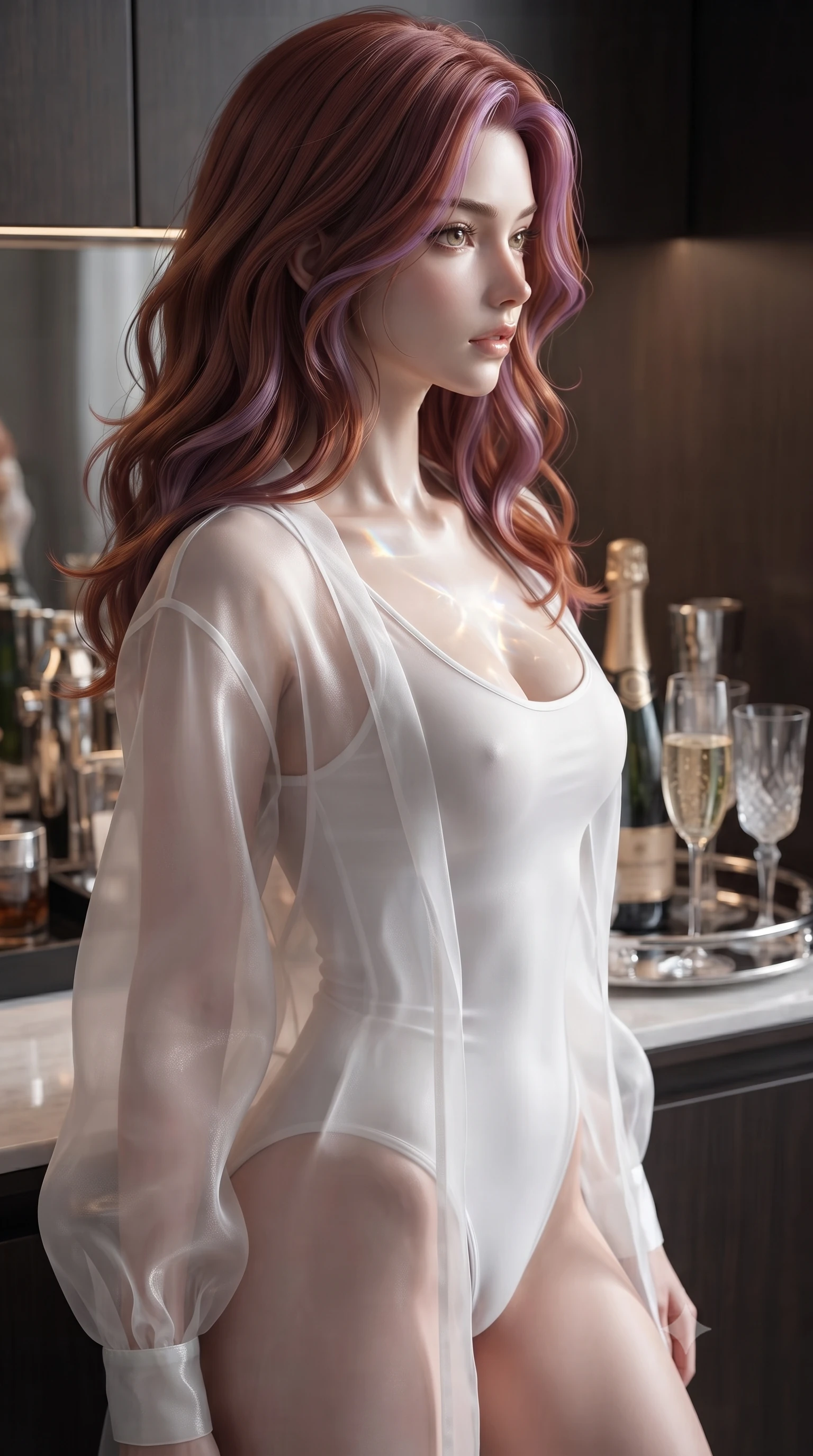 score_9, masterpiece, best quality, ultra-detailed, high-budget anime keyframe, editorial fashion photography, tasteful artistic composition, Caucasian woman. close-up cowboy shot from the waist and thighs up, the character dominates the composition, filling the frame with her large presence, background elements kept in soft focus. turning her face in sharp profile, casting a cold, mysterious, yet intensely alluring side gaze, the background shows a soft-focus a private box suite pantry with champagne bottles and crystal glasses on a silver tray. She has an exceptionally elegant, slender, and willowy female figure with an ultra-slim waist, a gracefully sculpted slender torso, and a refined silhouette. sharp v-shaped jawline, high-bridge nose, intricate jewel-like eyes with depth, thick eyelashes, glossy lips with a natural sheen. wearing a form-contouring sheer white organza resort cover-up worn over a form-fitting one-piece swimsuit, showing her elegant clavicle lines. shimmering light refracting through glass onto her elegant collarbone. ultra-reflective glossy finish, specular highlights, metallic sheen, high-contrast stereoscopic depth, volumetric dynamic lighting, 2k, ultra detail, master piece, 9:16 ratio