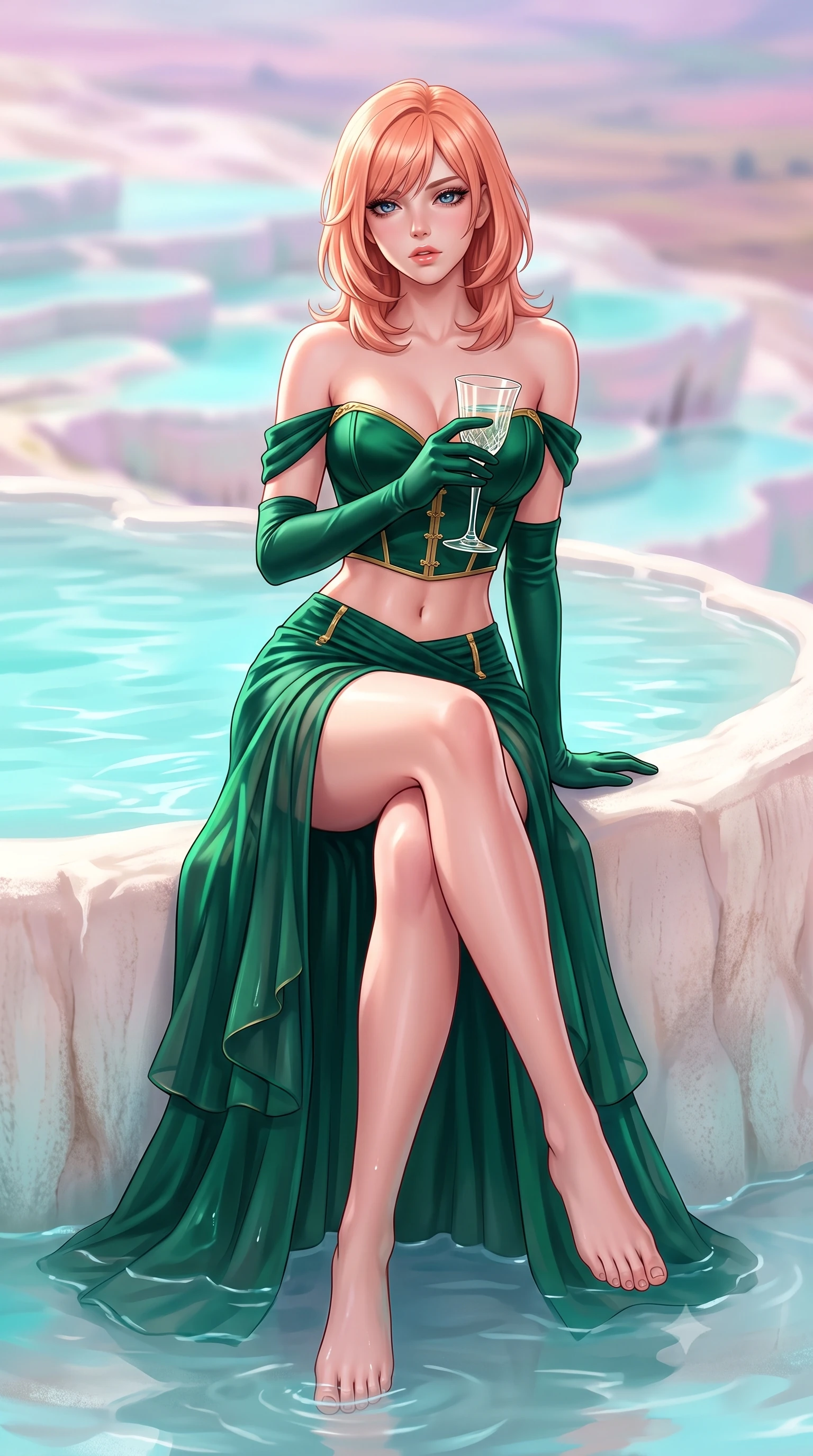 score_9, masterpiece, best quality, ultra-detailed, high-budget anime keyframe, semi-realistic 3D game render, editorial fashion photography, tasteful artistic composition, Japanese woman. low angle full-body shot from head to toe showing her feet, filling the entire 9:16 vertical frame with her statuesque presence, stretching her vertical silhouette. sitting perched on the elevated edge with hips angled toward the camera and legs crossed, displaying her toned midriff and flawlessly sculpted slender limbs while reclining back against the warm white calcium terrace wall with hips cocked, mineral water lapping gently around her flat midriff and long slender legs. The composition keeps background elements in soft focus with creamy bokeh. cascading tiered milky-cyan mineral pools and vast Anatolian plains blurred into pastel pink, lavender, and opalescent turquoise bokeh. She has an exceptionally tall and slender model-like 8.5-heads proportion, an ultra-slim waist, a flat toned midriff, narrow delicate ribcage, and beautifully sculpted feminine hips creating a graceful, slim hourglass silhouette without any bulky heaviness, with impossibly long slender legs. sharp v-shaped jawline, high-bridge nose, intricate jewel-like eyes with depth, thick eyelashes, glossy parted lips with a natural sheen, intensely captivating and seductive bedroom-eyes expression, flawlessly proportioned anatomical accuracy, strict slender model proportions, natural body alignment, perfectly sculpted long slender limbs, ultra-slim waistline, clean dynamic posture without body distortion. wearing an off-shoulder French court corset bodice dress paired with a tiered translucent chiffon slit skirt in deep emerald green satin and gold hardware, tailored from water-resistant treated wool gabardine and flexible stretch silk, accessorized with opera-length satin gloves and a vintage crystal glass, the glove-like aerodynamic silhouette tightly following the natural contour of her hips and long slender legs with statuesque 8.5-heads elegance. illuminated by luminous turquoise water reflections sharply carving her razor-sharp jawline, narrow waist, and curvy hips. highly saturated vibrant anime colors, detailed shading with soft gradients, rich glossy textures, high-contrast stereoscopic depth, volumetric dynamic lighting, master piece, 9:16 ratio