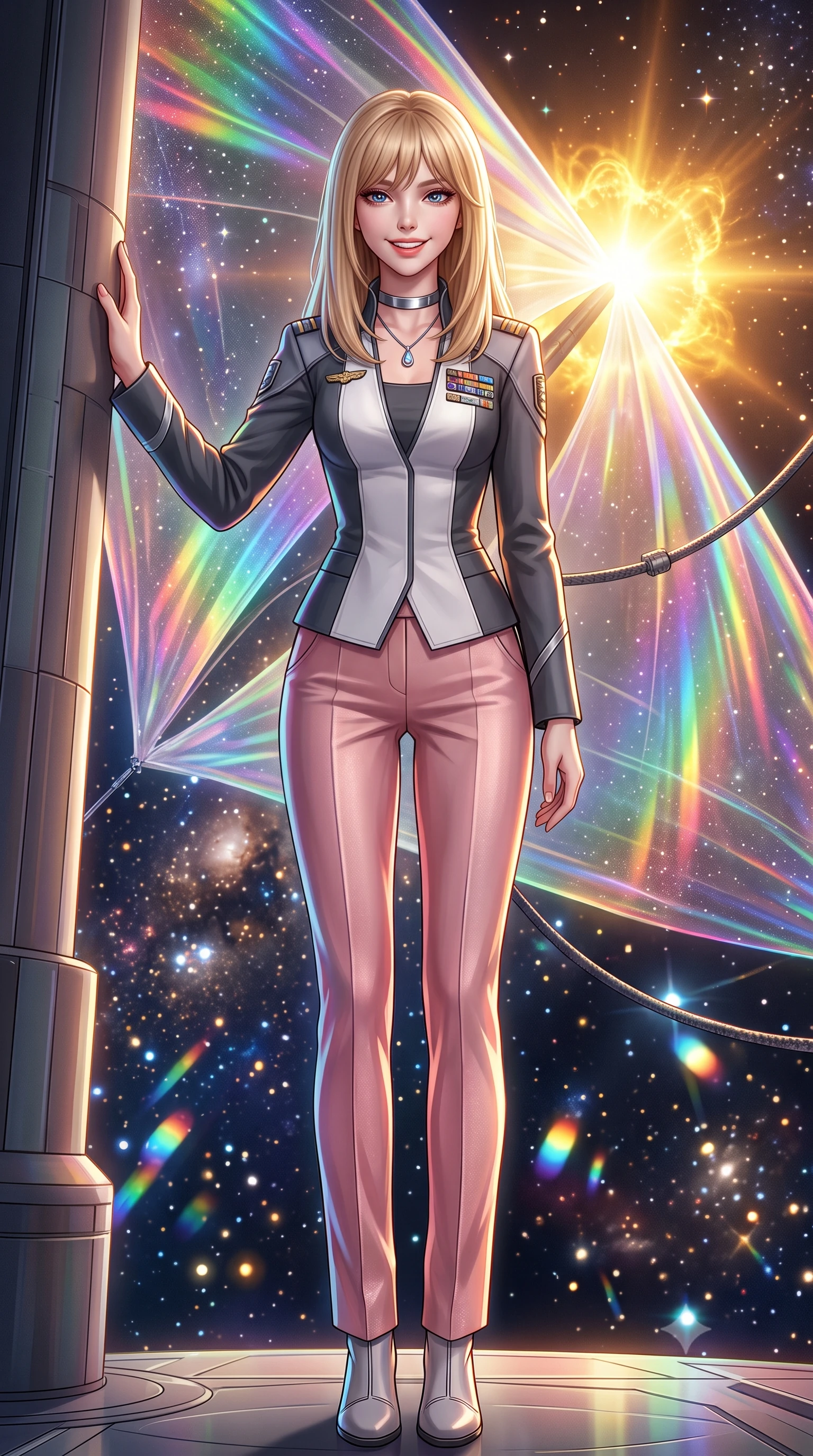 score_9, masterpiece, best quality, ultra-detailed, high-budget anime keyframe, semi-realistic 3D game render, editorial fashion photography, tasteful artistic composition, Japanese woman. low angle full-body shot from head to toe showing her feet, filling the entire 9:16 vertical frame with her statuesque presence, stretching her vertical silhouette. standing tall beside the architectural column, one hand resting high while arching her lower back to emphasize her sculpted feminine hips and slender waist while leaning against the zero-gravity carbon tether with hips cocked back, watching the blazing golden solar corona flare through polarizing solar sails with smoldering bedroom-eyes. The background shows a soft-focus monumental gossamer solar sail shifting through prismatic rainbow hues, blinding golden sunburst, and deep space star clusters blurred into diamond, gold, and rainbow prismatic bokeh. She has an exceptionally tall and slender model-like 8.5-heads proportion, an ultra-slim waist, a flat toned midriff, narrow delicate ribcage, and beautifully sculpted feminine hips creating a graceful, slim hourglass silhouette without any bulky heaviness, with impossibly long slender legs. sharp v-shaped jawline, high-bridge nose, intricate jewel-like sparkling eyes with depth, thick eyelashes, glossy parted lips with a natural peach sheen, bright cheerful beaming smile with an enchanting and coquettish sensual glint, exuding both youthful cute charm and seductive allure, flawlessly proportioned anatomical accuracy, strict slender model proportions, natural body alignment, perfectly sculpted long slender limbs, ultra-slim waistline, clean dynamic posture without body distortion. wearing a tailored orbital colony command uniform in dark grey and white paneling with rank insignia pins and tailored straight-leg trousers in Solaris liquid rose-quartz and alien peach, tailored from high-density tech-wool with subtle metallic thread weave, finished with a minimalist chrome choker and a single teardrop diamond pendant, the bespoke structured tailoring following the natural line of her 8.5-heads silhouette with refined elegance. illuminated by solar sail diffraction reflection bounce and sharp chromatic-rainbow rim lights defining her jawline, narrow waist, and curvy hips. highly saturated vibrant anime colors, detailed shading with soft gradients, rich glossy textures, high-contrast stereoscopic depth, volumetric dynamic lighting, master piece, 9:16 ratio