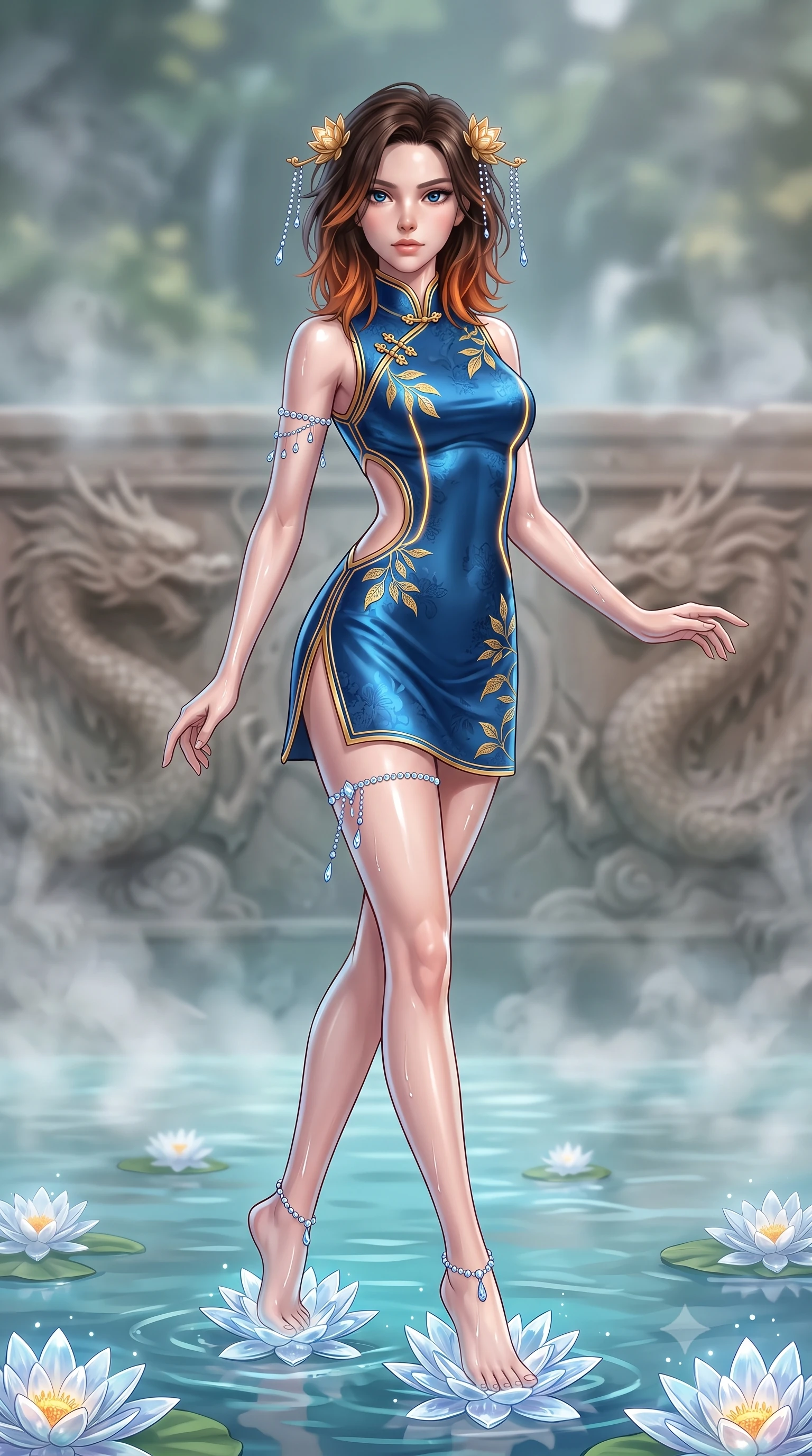 score_9, masterpiece, best quality, ultra-detailed, high-budget anime keyframe, semi-realistic 3D game render, editorial fashion photography, tasteful artistic composition, Korean woman. low angle full-body shot from head to toe showing her feet, filling the entire 9:16 vertical frame with her statuesque presence, stretching her vertical silhouette. pivoting dynamically with supreme athletic balance and poise, her impossibly long slender legs creating a breathtaking line while stepping lightly across floating crystal water lilies that chime with soft musical tones under her feet. The composition keeps background elements in soft focus with creamy bokeh. steaming mineral spring waters and carved dragon reliefs softened in atmospheric depth of field. She has an absolutely perfect, statuesque 8.5-heads proportion, an exceptionally tall and slender model-like female figure with impossibly long slender legs, a toned flat midriff, and an ultra-slim waist. sharp v-shaped jawline, high-bridge nose, intricate jewel-like eyes with depth, thick eyelashes, glossy lips with a natural sheen, captivating and magnetic expression, flawlessly proportioned anatomical accuracy, strict slender model proportions, natural body alignment, perfectly sculpted long slender limbs, ultra-slim waistline, clean dynamic posture without body distortion. wearing a futuristic embroidered qipao mini dress with glowing fiber-optic seams and side cutouts in deep azure blue and gold leaf embroidery, made of liquid-smooth silk satin with subtle floral jacquard, finished with delicate golden lotus hairpins and dangling crystal beads, the liquid-tight tailored fabric emphasizing every curve of her tall, slender model proportions and sculptured silhouette during dynamic movement. illuminated by wet reflective highlights defining her sculpted neck, waistline, and slender legs. highly saturated vibrant anime colors, detailed shading with soft gradients, rich glossy textures, high-contrast stereoscopic depth, volumetric dynamic lighting, master piece, 9:16 ratio