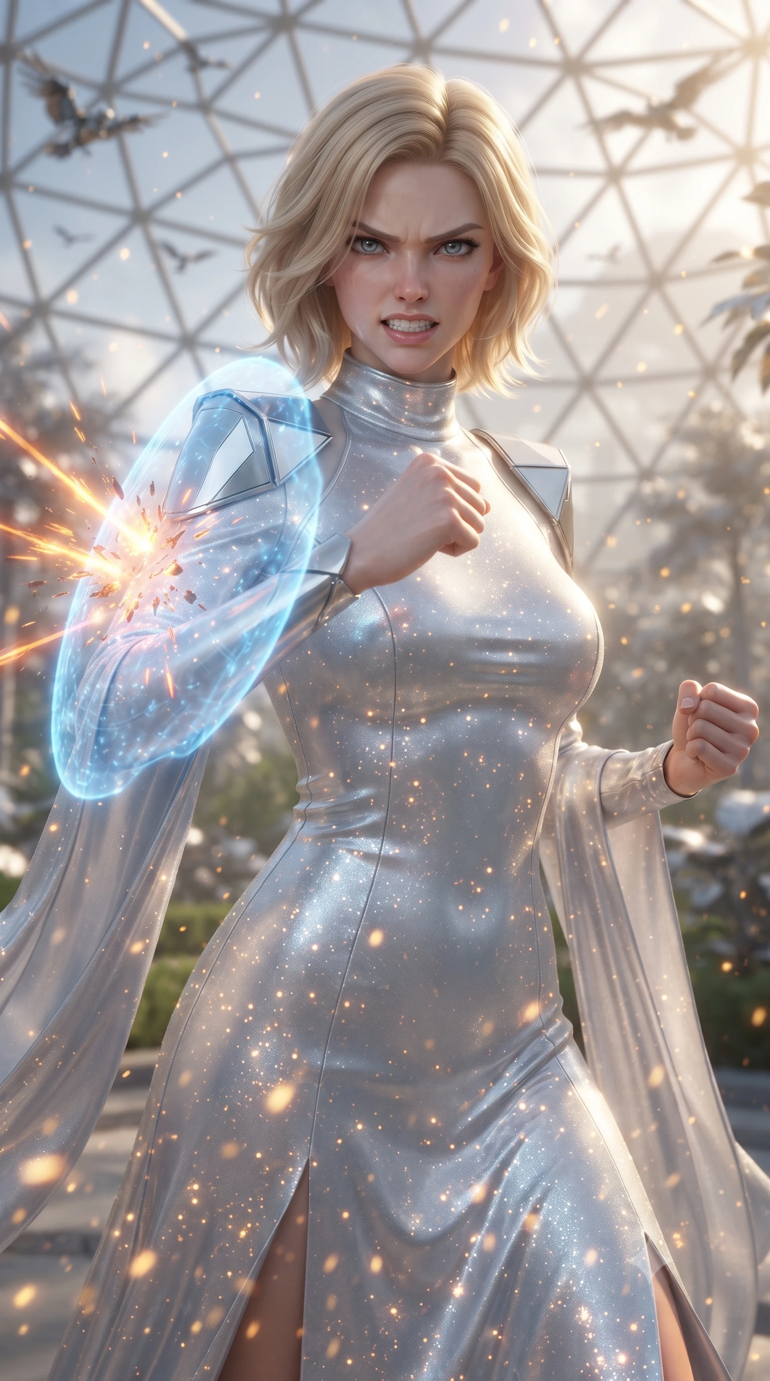 score_9, masterpiece, best quality, ultra-detailed, high-budget anime keyframe, editorial fashion photography, tasteful artistic composition, realistic cosplay photography, Caucasian woman, strictly human ears. close-up cowboy shot from the waist and thighs up, the character dominates the composition, filling the frame with her large presence, background elements kept in soft focus. Deflecting incoming plasma bolts with a glowing energy shield attached to her forearm, teeth grit in determination. set against a soft-focus background of a clean park inside a dome where mechanical birds fly and metallic foliage moves in breeze. She has an exceptionally elegant and slender, willowy female figure with an ultra-slim waist, a gracefully sculpted slender torso, and a refined slim physique. sharp v-shaped jawline, high-bridge nose, intricate jewel-like eyes with depth, thick eyelashes, glossy lips with a natural sheen. wearing catching and diffusing the glowing particles, shimmering softly in response to the surrounding light, a form-contouring elegant high-neck diplomatic gown made of silver bioluminescent silk, featuring structured geometric shoulder plates and long flowing sleeves. simulated warm sunbeams reflecting off silver leaves, creating golden speckles. ultra-reflective glossy finish, specular highlights, metallic sheen, high-contrast stereoscopic depth, volumetric dynamic lighting, 2k, ultra detail, master piece, 9:16 ratio
