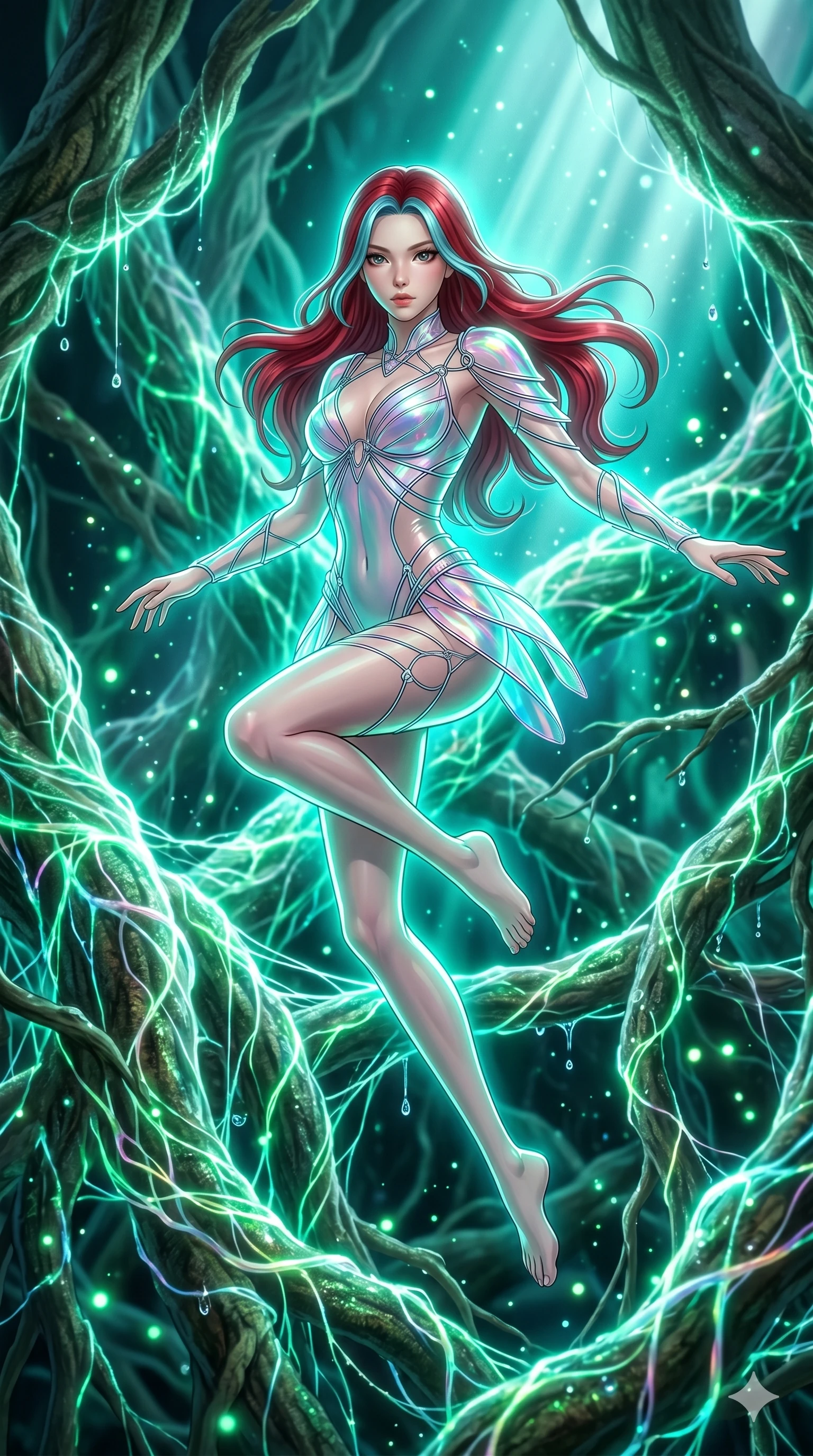 score_9, masterpiece, best quality, ultra-detailed, high-budget anime keyframe, Japanese woman. upper body close-up from the thighs up, character filling the screen for maximum presence. jumping amidst giant ancient tree roots wrapped in trillions of glowing mycelium threads pulsing with emerald and opal light. She has an absolutely perfect 8-heads proportion, an exceptionally tall and slender female figure with impossibly long slender legs and an ultra-slim waist. V-shaped jawline, high-bridge nose, intricate jewel-like eyes with depth, thick eyelashes, glossy lips with a natural sheen.. wearing a holographic ribbon shell armor, featuring thin iridescent plates linked by wire straps over a sleek contouring base. bathed in brilliant cinematic volumetric lighting and intense neon rim light highlighting her slender form. 2k, ultra detail, master piece, 9:16 ratio