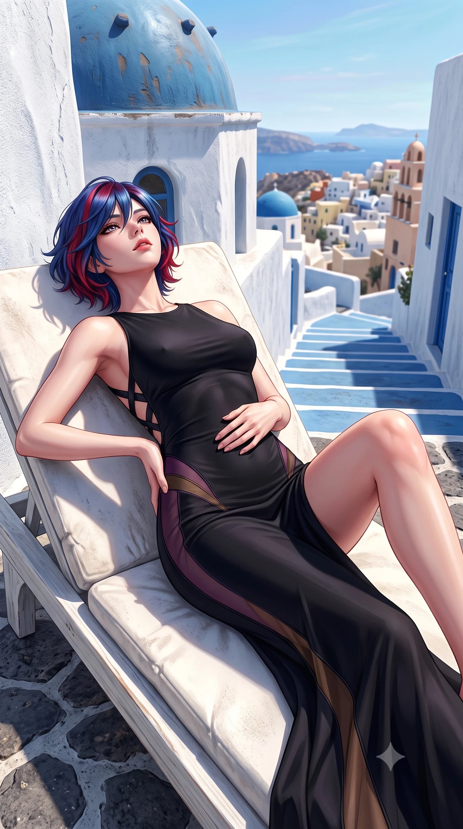 score_9, masterpiece, best quality, ultra-detailed, high-budget anime keyframe, semi-realistic 3D game render, editorial fashion photography, tasteful artistic composition, Korean woman. close-up cowboy shot from the waist and thighs up, the character dominates the composition, filling the frame with her large presence. tilting her chin up with proud, sovereign allure while gazing through thick eyelashes, one hand resting on her waist in pure supermodel charisma while reclining languidly on a white stone sunbed with one knee raised, head tilted back toward the pastel Aegean skies with parted lips. The surrounding environment is rendered in vivid detail and crisp panoramic clarity. sharp chalk-white stucco wall textures, blue dome paint grain, and volcanic stone steps in deep focus. She has an exceptionally elegant, slender, and willowy female figure with an ultra-slim waist, flat toned midriff, narrow ribcage, and sculpted feminine hips creating an alluring, slim hourglass silhouette without bulk. sharp v-shaped jawline, high-bridge nose, intricate jewel-like eyes with depth, thick eyelashes, glossy parted lips with a natural sheen, intensely captivating and seductive bedroom-eyes expression, flawlessly proportioned anatomical accuracy, strict slender model proportions, natural body alignment, perfectly sculpted long slender limbs, ultra-slim waistline, clean dynamic posture without body distortion. wearing a second-skin black silk jersey maxi dress with asymmetrical sheer mesh side panels tracing the full curve of her hip in deep plum violet and antique bronze, tailored from smooth liquid silk satin adhering seamlessly to her skin, finished with criss-cross back satin straps highlighting her graceful shoulder blades, the precision-cut side openings and low-back scoop framing her graceful spine and the sensual sweep of her slim, toned hips. surrounded by an idyllic, sun-drenched, and breathlessly romantic Aegean goddess aura. highly saturated vibrant anime colors, detailed shading with soft gradients, rich glossy textures, high-contrast stereoscopic depth, volumetric dynamic lighting, master piece, 9:16 ratio