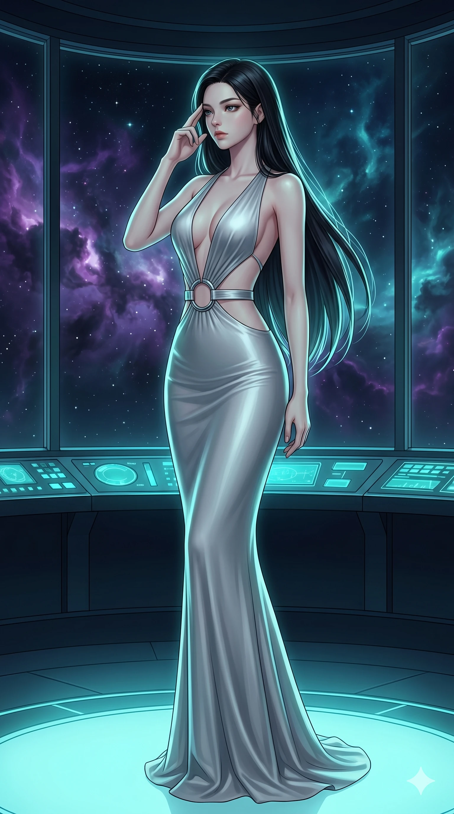 score_9, masterpiece, best quality, ultra-detailed, high-budget anime keyframe, editorial fashion photography, tasteful artistic composition, Korean woman. cowboy shot from the thighs up, character and outfit filling the frame for maximum editorial presence. Pressing two fingers to her temple in a composed thoughtful gesture inside a deep-space observatory with nebula clouds of violet and teal drifting past panoramic windows. She has an absolutely perfect 8-heads proportion, an exceptionally tall and slender female figure with impossibly long slender legs and an ultra-slim waist. V-shaped jawline, high-bridge nose, intricate jewel-like eyes with depth, thick eyelashes, glossy lips with a natural sheen. wearing a deep plunging-V neck maxi dress in liquid silver jersey with a bold open-back, an architectural waist cutout framed by chrome ring hardware, and a body-contouring fit all the way to the floor. illuminated by soft aqua bioluminescent light that makes her skin luminously glow against the dark. 2k, ultra detail, master piece, 9:16 ratio