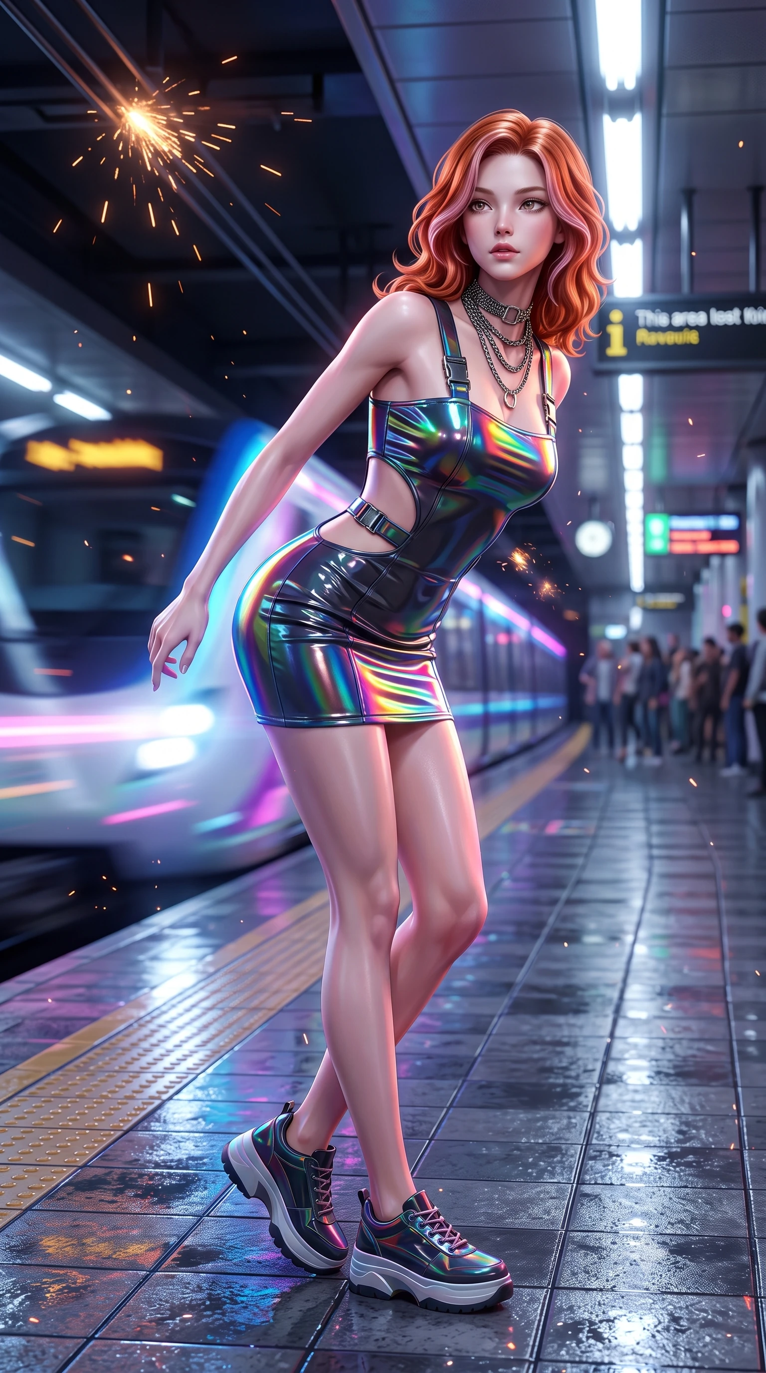 score_9, masterpiece, best quality, ultra-detailed, high-budget anime keyframe, semi-realistic 3D game render, editorial fashion photography, tasteful artistic composition, Caucasian woman. close-up cowboy shot from the waist and thighs up, the character dominates the composition, filling the frame with her large presence. leaning forward with playful, captivating grace, her sculpted collarbones and slender neckline highlighted by directional light while pivoting sharply on the wet tiled subway platform as an incoming neon-lit maglev train rushes past in a blur of light. The composition keeps background elements in soft focus with creamy bokeh. sparks from overhead power rails and floating dust particles catching neon light motes. She has an exceptionally elegant, slender, and willowy female figure with an ultra-slim waist, a gracefully sculpted slender torso, toned flat midriff, and a refined slim silhouette. sharp v-shaped jawline, high-bridge nose, intricate jewel-like eyes with depth, thick eyelashes, glossy lips with a natural sheen, captivating and magnetic expression, flawlessly proportioned anatomical accuracy, strict slender model proportions, natural body alignment, perfectly sculpted long slender limbs, ultra-slim waistline, clean dynamic posture without body distortion. wearing a high-gloss vinyl mini dress accented with industrial buckle straps and side-waist cutouts in iridescent rainbow prism and deep charcoal, formed from high-gloss patent leather with sharp specular chiaroscuro, accessorized with bold platform sneakers and silver chain choker, the glove-like aerodynamic second-skin fit tightly clinging to her ultra-slender waist and athletic curves without adding bulk, accentuating her razor-sharp statuesque lines and slim hourglass silhouette. surrounded by an edgy, electrifying, and irresistibly cool cyber-street idol aura. highly saturated vibrant anime colors, detailed shading with soft gradients, rich glossy textures, high-contrast stereoscopic depth, volumetric dynamic lighting, master piece, 9:16 ratio