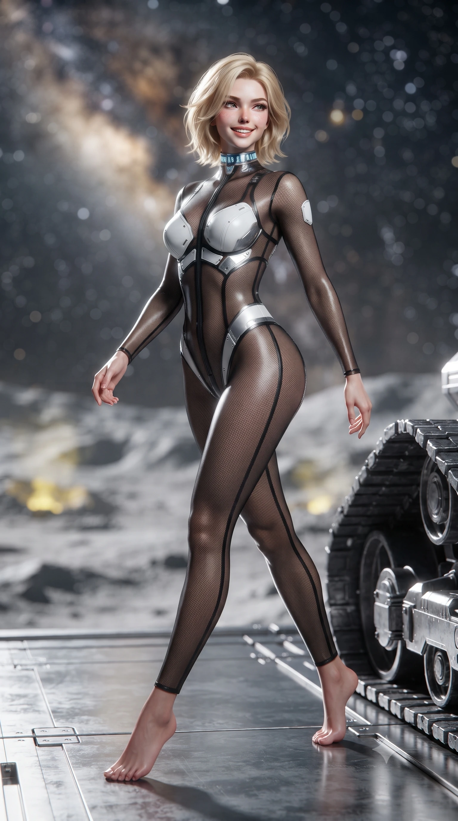 score_9, masterpiece, best quality, ultra-detailed, high-budget anime keyframe, editorial fashion photography, tasteful artistic composition, Caucasian woman. low angle full-body shot from head to toe showing her feet, filling the entire 9:16 vertical frame with her statuesque presence, stretching her vertical silhouette. striding forward gracefully across the reflective metal deck in mid-motion with a radiant beaming smile, hips swaying in an alluring kinetic rhythm that accentuates her curvy hourglass silhouette and long slender legs while leaning against the titanium crawler track with hips cocked back, looking over her shoulder with an enchanting, fearless smile. The background shows a soft-focus vast cratered lunar regolith and glowing sulfur vents beneath a brilliant galactic starfield blurred into starlight white, sulfur gold, and obsidian bokeh. She has an absolutely perfect, statuesque 8.5-heads proportion, an exceptionally tall and slender model-like female figure with impossibly long slender legs, an ultra-slim waist, a flat toned midriff, narrow delicate ribcage, and beautifully sculpted feminine hips creating a graceful, slim hourglass silhouette without any bulky heaviness. sharp v-shaped jawline, high-bridge nose, intricate jewel-like sparkling eyes with depth, thick eyelashes, glossy parted lips with a natural sheen, bright confident smile with an enchanting and coquettish sensual glint, exuding both youthful magnetic charm and sovereign high-tech allure, flawlessly proportioned anatomical accuracy, strict slender model proportions, natural body alignment, perfectly sculpted long slender limbs, ultra-slim waistline, clean dynamic posture without body distortion. wearing a semi-translucent smoke-black mesh tactical catsuit with reinforced carbon-fiber bustier plating in pure alabaster white and brushed silver accents, crafted from sheer technical cyber-lace reinforced with ultra-thin Kevlar threads, complemented by a high-tech holographic choker projecting miniature glyphs, the aerodynamic second-skin silhouette tightly following the natural contour of her hips and long slender legs with youthful 8.5-heads elegance. illuminated by ground reflections and sharp platinum rim lights defining her slim torso, narrow waist, and curvy hips. ultra-reflective glossy finish, specular highlights, rich textural contrasts, high-contrast stereoscopic depth, volumetric dynamic lighting, 2k, ultra detail, master piece, 9:16 ratio