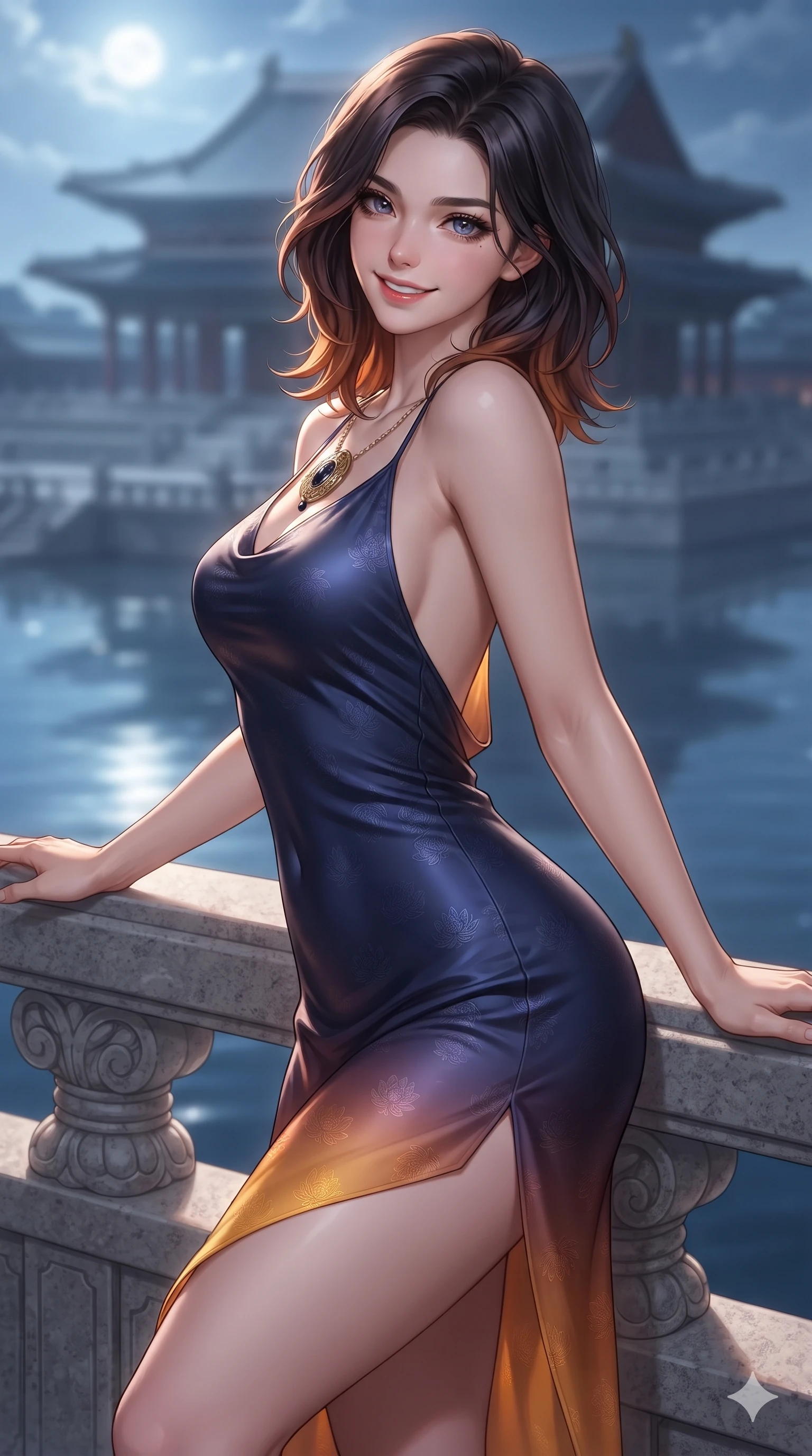 score_9, masterpiece, best quality, ultra-detailed, high-budget anime keyframe, editorial fashion photography, tasteful artistic composition, Korean woman. close-up cowboy shot from the waist and thighs up, the character dominates the composition, filling the frame with her large presence. smiling with quiet, magnetic self-assurance directly into the camera, her sculpted waistline catching specular moonbeam highlights while leaning back against the carved granite balustrade with hips cocked back, casting an intoxicating, sultry bedroom-gaze over a bare shoulder. The background shows a soft-focus monumental royal banquet pavilion softened in panoramic lake shallow focus. She has an exceptionally elegant, slender, and willowy female figure with an ultra-slim waist, flat toned midriff, narrow ribcage, and sculpted feminine hips creating an alluring, slim hourglass silhouette without bulk. sharp v-shaped jawline, high-bridge nose, sparkling eyes with hypnotic seductive depth, thick curled eyelashes, glossy parted lips with a natural dewy peach sheen, alluring bedroom-eyes with an enchanting coquettish smile, exuding magnetic siren charisma and sophisticated glamour, flawlessly proportioned anatomical accuracy, strict slender model proportions, natural body alignment, perfectly sculpted long slender limbs, ultra-slim waistline, clean dynamic posture without body distortion. wearing a form-contouring gossamer silk chiffon slip dress with hip-high slit and open cowl back clinging with evening mist in midnight indigo and glowing lantern topaz, tailored from rich silk jacquard with subtle embossed lotus blossom patterns, accented with an authentic engraved gold medallion and obsidian cabochons, the glove-like clinging cut tightly following the natural contour of her hips and long slender legs with youthful 8.5-heads elegance. bathed in brilliant 4000K moonbeams sweeping across open palace waters. ultra-reflective glossy finish, specular highlights, rich textural contrasts, high-contrast stereoscopic depth, volumetric dynamic lighting, 2k, ultra detail, master piece, 9:16 ratio