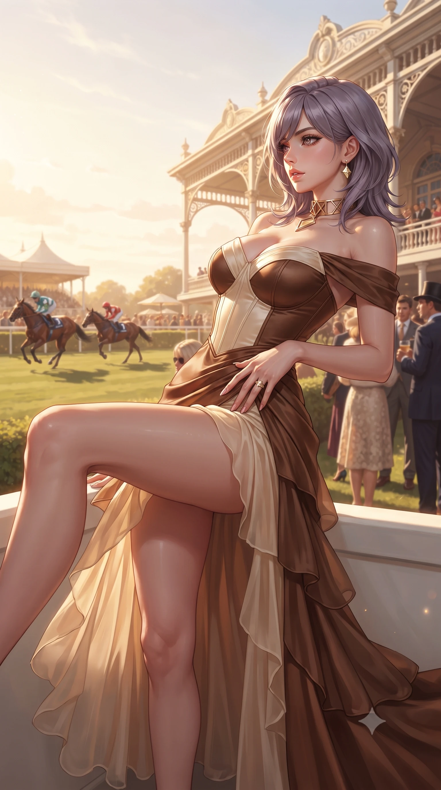 score_9, masterpiece, best quality, ultra-detailed, high-budget anime keyframe, editorial fashion photography, tasteful artistic composition, Japanese woman. low angle full-body shot from head to toe showing her feet, filling the entire 9:16 vertical frame with her statuesque presence, stretching her vertical silhouette. reclining on her side in an elegant Cleopatra pose with one knee drawn up, the dramatic contour of her rounded hips and long slender legs commanding the 9:16 vertical frame while resting one manicured hand delicately on her hip bone while gazing through thick eyelashes at the passing racehorses, parted glossy lips catching the sunlight. The surrounding environment is rendered in vivid detail and crisp panoramic clarity. brilliant British high-society afternoon chiaroscuro and aristocratic derby glamour aesthetics in precision. She has an exceptionally tall and slender model-like 8.5-heads proportion, an ultra-slim waist, a flat toned midriff, narrow delicate ribcage, and beautifully sculpted feminine hips creating a graceful, slim hourglass silhouette without any bulky heaviness, with impossibly long slender legs. sharp v-shaped jawline, high-bridge nose, intricate jewel-like eyes with depth, thick eyelashes, glossy parted lips with a natural sheen, intensely captivating and seductive bedroom-eyes expression, flawlessly proportioned anatomical accuracy, strict slender model proportions, natural body alignment, perfectly sculpted long slender limbs, ultra-slim waistline, clean dynamic posture without body distortion. wearing an off-shoulder French court corset bodice dress paired with a tiered translucent chiffon slit skirt in rich equestrian cognac brown and crisp champagne cream, tailored from ultra-smooth duchess satin with a pearlescent sheen, complemented by a bold geometric choker and sparkling cocktail ring, the form-contouring material adhering flawlessly to her sculpted flat midriff and slender torso, emphasizing her long leg lines and perfectly proportioned willowy build. bathed in glorious golden-hour afternoon sunlight and warm white marquee bounce fill. ultra-reflective glossy finish, specular highlights, rich textural contrasts, high-contrast stereoscopic depth, volumetric dynamic lighting, 2k, ultra detail, master piece, 9:16 ratio