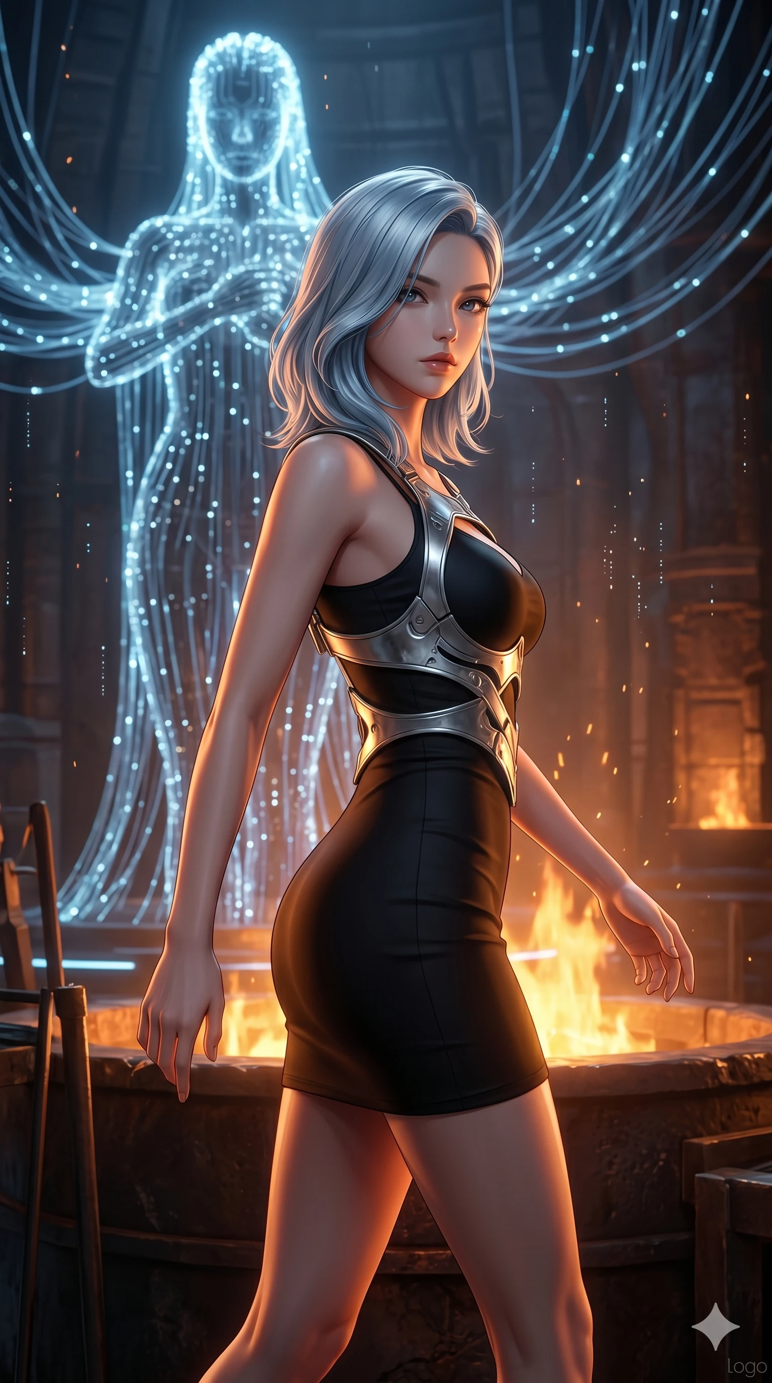 score_9, masterpiece, best quality, ultra-detailed, high-budget anime keyframe, editorial fashion photography, tasteful artistic composition, Korean woman. cowboy shot from the thighs up, character and outfit filling the frame for maximum editorial presence. Turning her head slowly toward the camera, her hair brushing against her shoulders in motion within a techno-shrine featuring a massive statue made of glowing fiber-optic wires, as faint echoes of digital chimes float through the space. She has an absolutely perfect 8-heads proportion, an exceptionally tall and slender female figure with impossibly long slender legs and an ultra-slim waist. V-shaped jawline, high-bridge nose, intricate jewel-like eyes with depth, thick eyelashes, glossy lips with a natural sheen. wearing a sculpted silver plate harness worn over a matte black form-contouring mini slip dress. bathed in the warm, flickering orange light of an alchemical forge, casting long moving shadows. 2k, ultra detail, master piece, 9:16 ratio