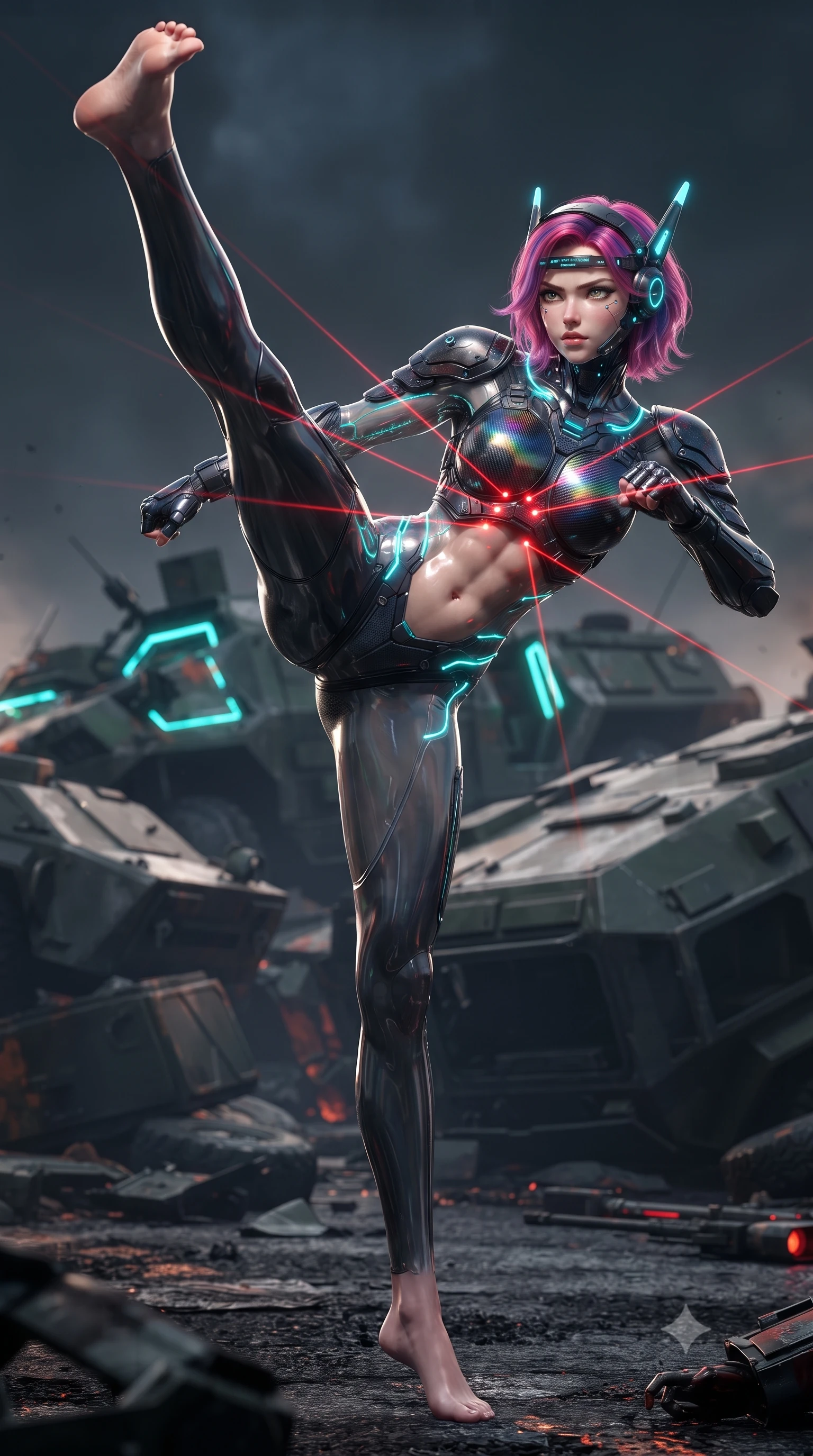 score_9, masterpiece, best quality, ultra-detailed, high-budget anime keyframe, editorial fashion photography, tasteful artistic composition, Caucasian woman. low angle full-body shot from head to toe showing her feet, filling the entire 9:16 vertical frame with her statuesque presence, stretching her vertical silhouette. executing a breathtaking zero-gravity high-kick with full 180-degree vertical extension, her impossibly long slender legs dominating the frame with razor-sharp poise while pivoting dynamically across overturned armored transports as red laser targeting sights sweep across her athletic torso. The surrounding environment is rendered in vivid detail and crisp panoramic clarity. sharp goggle lens reflections, glowing neon circuit channels along armor, and charred asphalt grain in deep focus. She has an absolutely perfect, statuesque 8.5-heads proportion, an exceptionally tall and slender model-like female figure with impossibly long slender legs, a toned flat midriff, and an ultra-slim waist. sharp v-shaped jawline, high-bridge nose, intricate jewel-like eyes with depth, thick eyelashes, glossy lips with a natural sheen, fierce and resolute heroine expression, flawlessly proportioned anatomical accuracy, strict slender model proportions, natural body alignment, perfectly sculpted long slender limbs, ultra-slim waistline, clean dynamic posture without body distortion. wearing a lightweight carbon-fiber tactical sensory headpiece with glowing cyan ear-antennae and an ultra-thin forehead HUD brow-band, paired with a heavy modular carbon-fiber combat cuirass paired with a second-skin tactical leotard and reinforced titanium shoulder pauldrons in high-gloss iridescent rainbow carbon with scorched titanium plating, crafted from semi-translucent cybernetic carbon-vinyl interwoven with glowing micro-filaments, accented with glowing fiber-optic telemetry conduits tracing her collarbones and hip curves, the glove-like aerodynamic second-skin fit tightly clinging to her ultra-slender waist and athletic curves without adding bulk, accentuating her razor-sharp statuesque lines and slim hourglass silhouette. surrounded by a rebellious, passionate, and fiercely alluring dystopian freedom-fighter aura. ultra-reflective glossy finish, specular highlights, dark metallic sheen, high-contrast stereoscopic depth, volumetric dynamic lighting, 2k, ultra detail, master piece, 9:16 ratio