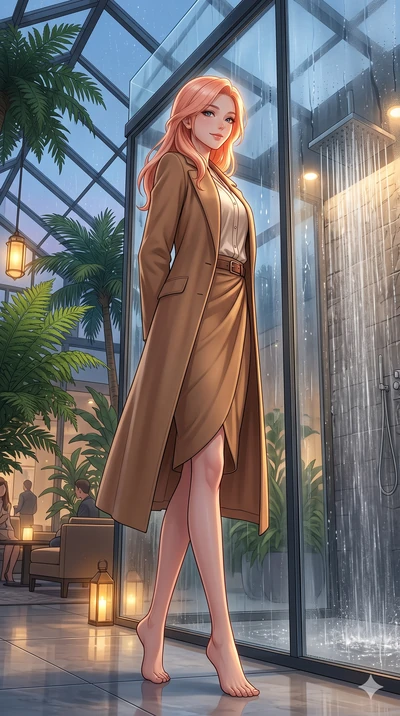 score_9, masterpiece, best quality, ultra-detailed, high-budget anime keyframe, vibrant anime aesthetic, Japanese woman. low angle full-body shot from head to toe showing her feet, filling the entire 9:16 vertical frame with her statuesque presence, 