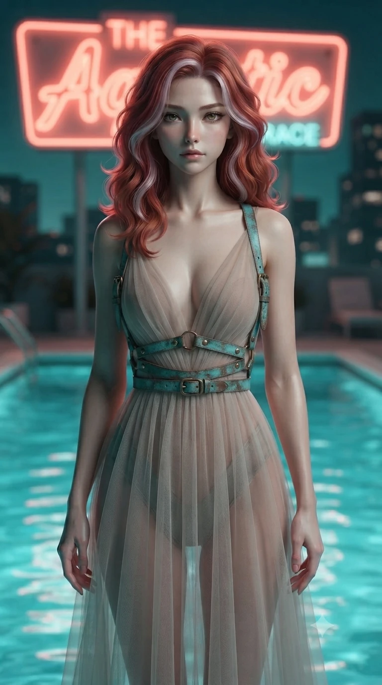 score_9, masterpiece, best quality, ultra-detailed, high-budget anime keyframe, editorial fashion photography, tasteful artistic composition, Caucasian woman. close-up cowboy shot from the waist and thighs up, the character dominates the composition, filling the frame with her large presence. twisting her slender torso in a deep contrapposto stance, hips dramatically shifted to accentuate her feminine curves while looking past her shoulder with smoldering bedroom-eyes while standing poised at the edge of the turquoise swimming pool in front of the neon sign, arching her spine with supermodel poise as neon ripples dance across her legs. The background shows a soft-focus plastic vintage pool lounge chairs softened in nostalgic Americana shallow focus. She has an exceptionally elegant, slender, and willowy female figure with an ultra-slim waist, flat toned midriff, narrow ribcage, and sculpted feminine hips creating an alluring, slim hourglass silhouette without bulk. sharp v-shaped jawline, high-bridge nose, sparkling eyes with hypnotic seductive depth, thick curled eyelashes, glossy parted lips with a natural dewy peach sheen, alluring bedroom-eyes with an enchanting coquettish smile, exuding magnetic siren charisma and sophisticated glamour, flawlessly proportioned anatomical accuracy, strict slender model proportions, natural body alignment, perfectly sculpted long slender limbs, ultra-slim waistline, clean dynamic posture without body distortion. wearing a plunge-front sheer illusion tulle slip dress with distressed leather harness straps contouring her spine in turquoise patina and burnished vintage brass, made of delicate semi-sheer nanotech mesh with airy hexagonal open-weaves, finished with sleek heavy-duty brass zip pulls and buckled moto straps, the form-contouring material adhering flawlessly to her sculpted flat midriff and slender torso, emphasizing her long leg lines and perfectly proportioned willowy build. illuminated by turquoise water surface bounce and sharp neon-coral rim lights sculpting her razor-sharp jawline, narrow waist, and curvy hips. ultra-reflective glossy finish, specular highlights, rich textural contrasts, high-contrast stereoscopic depth, volumetric dynamic lighting, 2k, ultra detail, master piece, 9:16 ratio