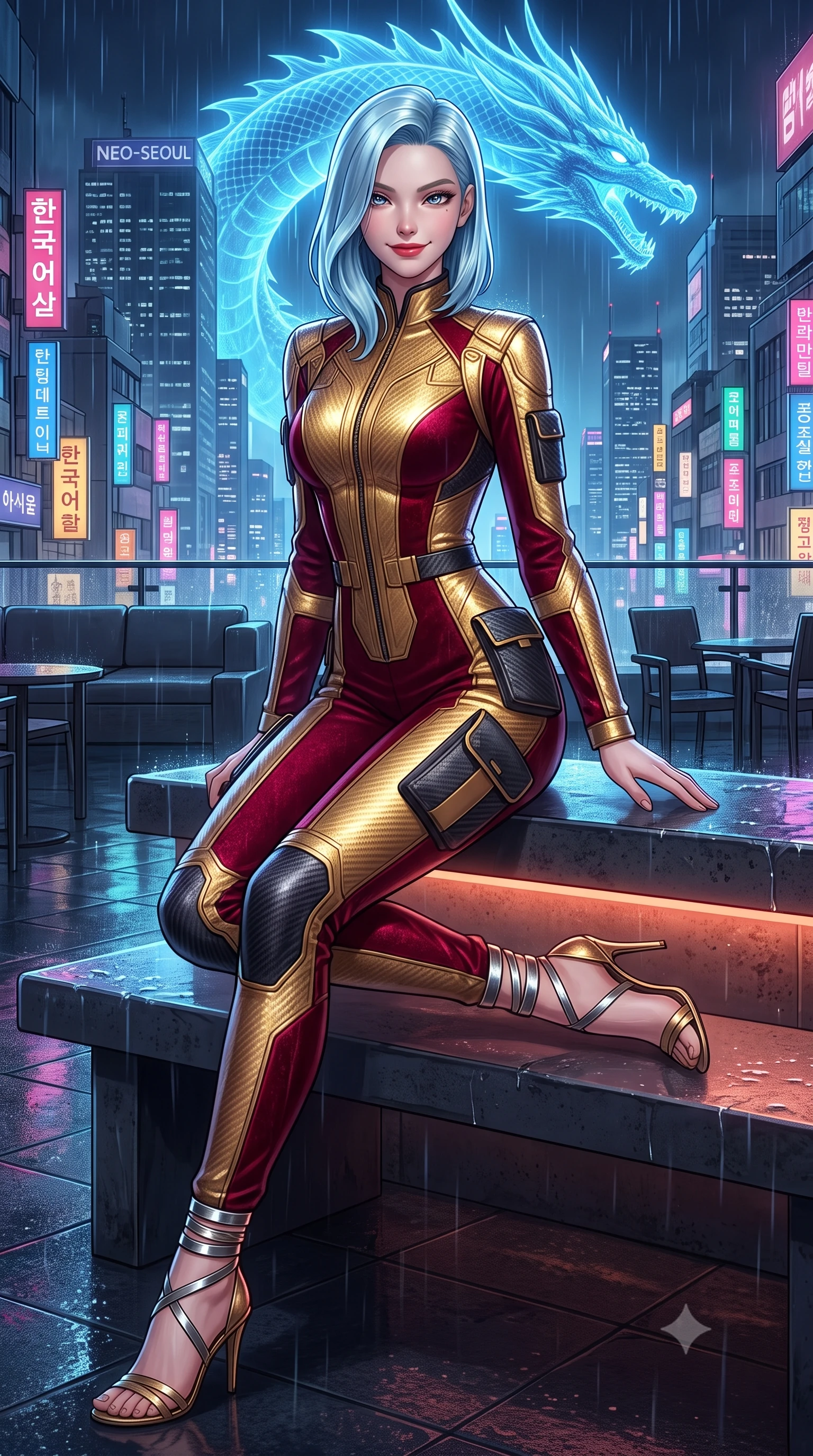 score_9, masterpiece, best quality, ultra-detailed, high-budget anime keyframe, semi-realistic 3D game render, editorial fashion photography, tasteful artistic composition, Korean woman. close-up cowboy shot from the waist and thighs up, the character dominates the composition, filling the frame with her large presence. perched sideways on the lounge seat, one knee drawn up to showcase her slender leg line while her arched back accentuates her feminine hip curve while lounging gracefully on the heated stone bench with legs extended, displaying her long slender legs and statuesque hourglass silhouette amid rain-washed neon. The surrounding environment is rendered in vivid detail and crisp panoramic clarity: detailed garment styling, crisp anime lines, and futuristic Korean metropolis architecture in high resolution. She has an exceptionally elegant, slender, and willowy female figure with an ultra-slim waist, flat toned midriff, narrow ribcage, and sculpted feminine hips creating an alluring, slim hourglass silhouette without bulk. sharp v-shaped jawline, high-bridge nose, intricate jewel-like sparkling eyes with depth, thick eyelashes, glossy parted lips with a natural peach sheen, bright cheerful beaming smile with an enchanting and coquettish sensual glint, exuding both youthful cute charm and seductive allure, flawlessly proportioned anatomical accuracy, strict slender model proportions, natural body alignment, perfectly sculpted long slender limbs, ultra-slim waistline, clean dynamic posture without body distortion. wearing a tailored high-tech safari suit with storm flaps and streamlined utility pockets in matte carbon finish in Cyber-Baroque gilded gold and royal crimson velvet, woven from structured carbon-fiber jacquard with rich textural depth, complemented by strappy stiletto sandals with metallic ankle wraps accentuating her slender calves, the impeccably tailored cut draping gracefully along her slender figure with aristocratic poise. bathed in the glowing azure radiance of the monumental holographic dragon mixed with neon street reflections. highly saturated vibrant anime colors, detailed shading with soft gradients, rich glossy textures, high-contrast stereoscopic depth, volumetric dynamic lighting, master piece, 9:16 ratio