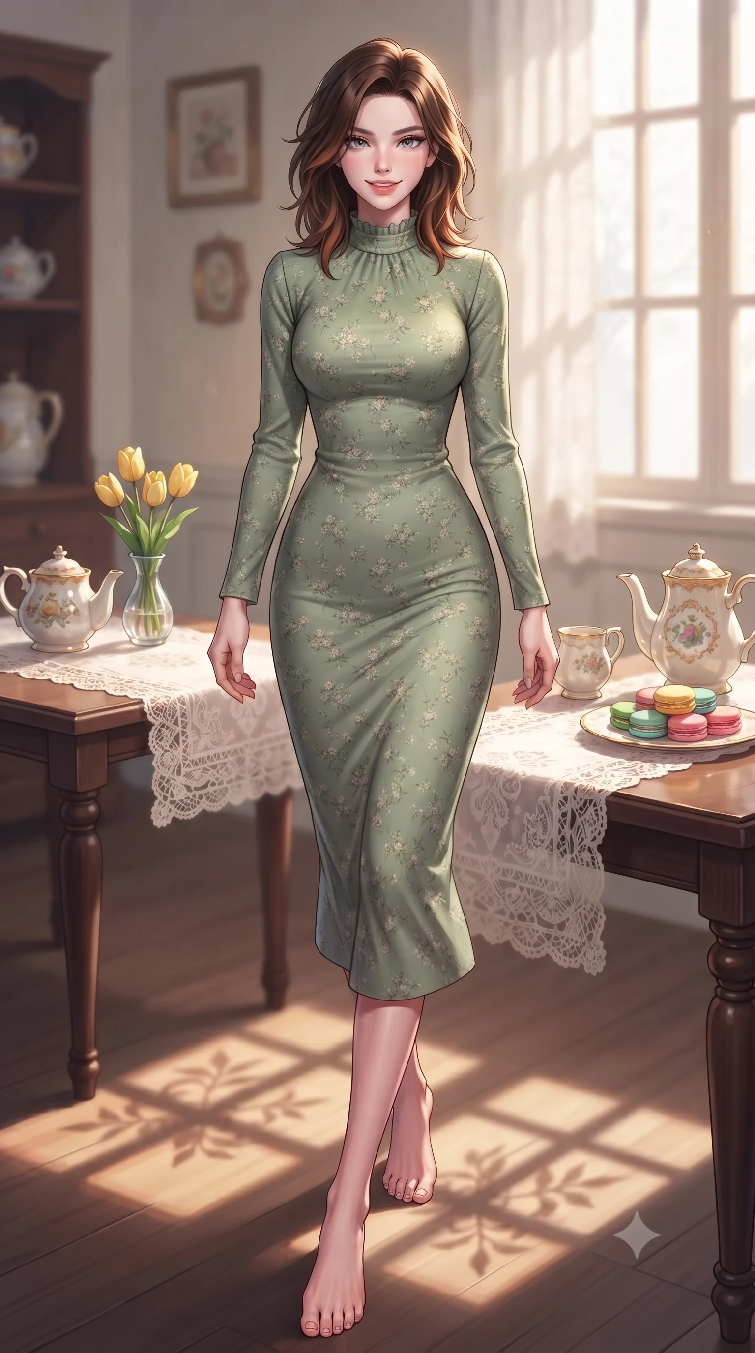 score_9, masterpiece, best quality, ultra-detailed, high-budget anime keyframe, editorial fashion photography, tasteful artistic composition, Korean woman. low angle full-body shot from head to toe showing her feet, filling the entire 9:16 vertical frame with her statuesque presence, stretching her vertical silhouette. stepping forward with an alluring, magnetic smile, her graceful posture highlighting her statuesque silhouette set against a soft-focus background of in a charming retro tea room with lace table runners and ceramic teapots with a small vase of yellow tulips and a plate of colorful macarons on the table. She has an absolutely perfect, statuesque 8.5-heads proportion, an exceptionally tall and slender model-like female figure with impossibly long slender legs and an ultra-slim waist. sharp v-shaped jawline, high-bridge nose, intricate jewel-like eyes with depth, thick eyelashes, glossy lips with a natural sheen. wearing body-hugging lovely floral print midi dress in sage green, featuring a high collar and long sleeves. soft afternoon sunlight casting shadows of window panes on the wooden table. highly saturated vibrant anime colors, detailed shading with soft gradients, rich glossy textures, high-contrast stereoscopic depth, volumetric dynamic lighting, master piece, 9:16 ratio