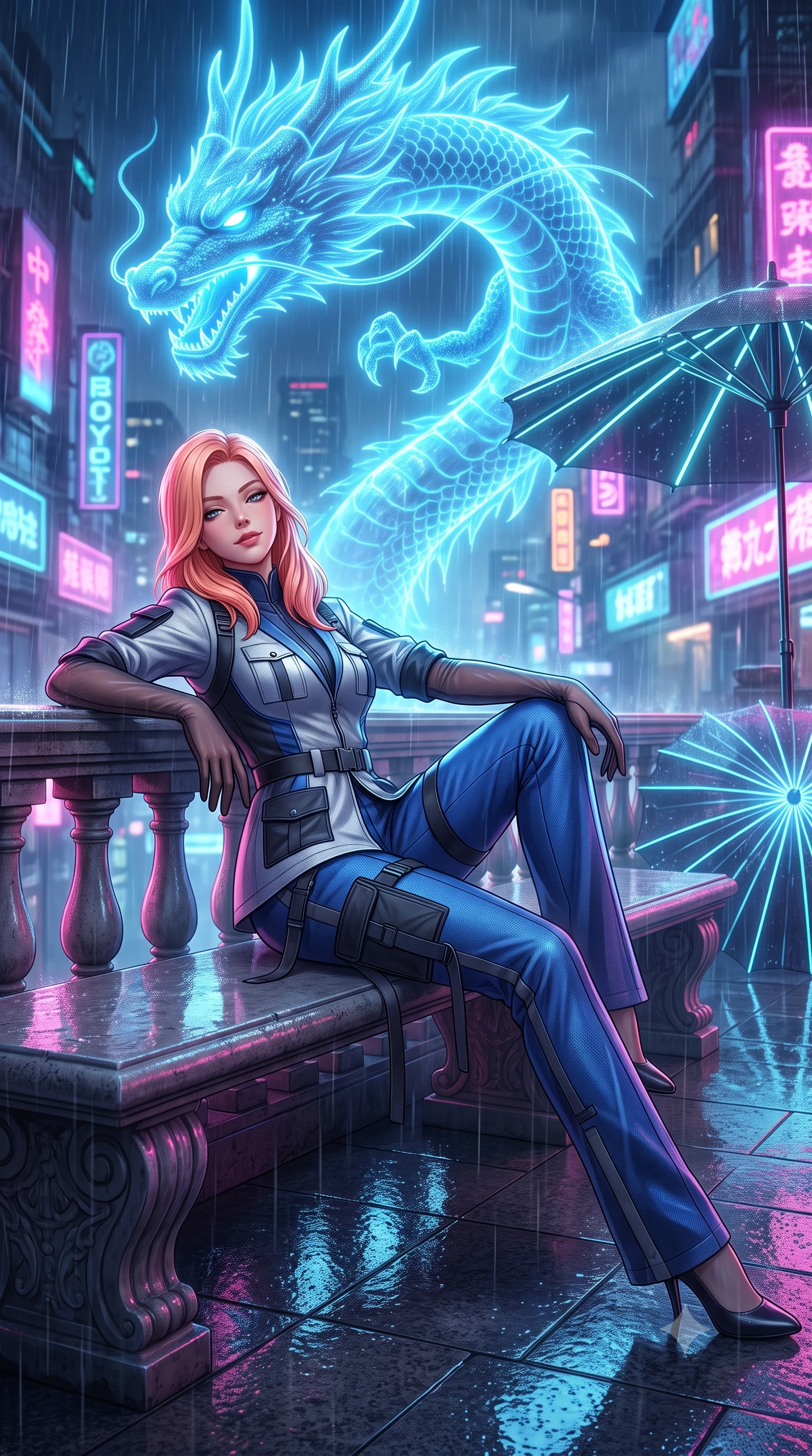 score_9, masterpiece, best quality, ultra-detailed, high-budget anime keyframe, semi-realistic 3D game render, editorial fashion photography, tasteful artistic composition, Japanese woman. close-up cowboy shot from the waist and thighs up, the character dominates the composition, filling the frame with her large presence. leaning back against the balustrade with relaxed seductive grace, head tilted back slightly while casting a hypnotic, heavy-lidded gaze while lounging gracefully on the heated stone bench with legs extended, displaying her long slender legs and statuesque hourglass silhouette amid rain-washed neon. The surrounding environment is rendered in vivid detail and crisp panoramic clarity: sharp wet granite paver reflections, intricate holographic scales on the floating dragon, and razor-sharp laser umbrella ribs in deep focus. She has an exceptionally elegant, slender, and willowy female figure with an ultra-slim waist, flat toned midriff, narrow ribcage, and sculpted feminine hips creating an alluring, slim hourglass silhouette without bulk. sharp v-shaped jawline, high-bridge nose, intricate jewel-like sparkling eyes with depth, thick eyelashes, glossy parted lips with a natural peach sheen, bright cheerful beaming smile with an enchanting and coquettish sensual glint, exuding both youthful cute charm and seductive allure, flawlessly proportioned anatomical accuracy, strict slender model proportions, natural body alignment, perfectly sculpted long slender limbs, ultra-slim waistline, clean dynamic posture without body distortion. wearing a tailored high-tech safari suit with storm flaps and streamlined utility pockets in matte carbon finish in Shackleton lunar ice silver and Earthrise cobalt, tailored from high-density tech-wool with subtle metallic thread weave, complemented by sheer opera-length evening gloves tracing her slender arms, the impeccably tailored cut draping gracefully along her slender figure with aristocratic poise. bathed in the glowing azure radiance of the monumental holographic dragon mixed with neon street reflections. highly saturated vibrant anime colors, detailed shading with soft gradients, rich glossy textures, high-contrast stereoscopic depth, volumetric dynamic lighting, master piece, 9:16 ratio