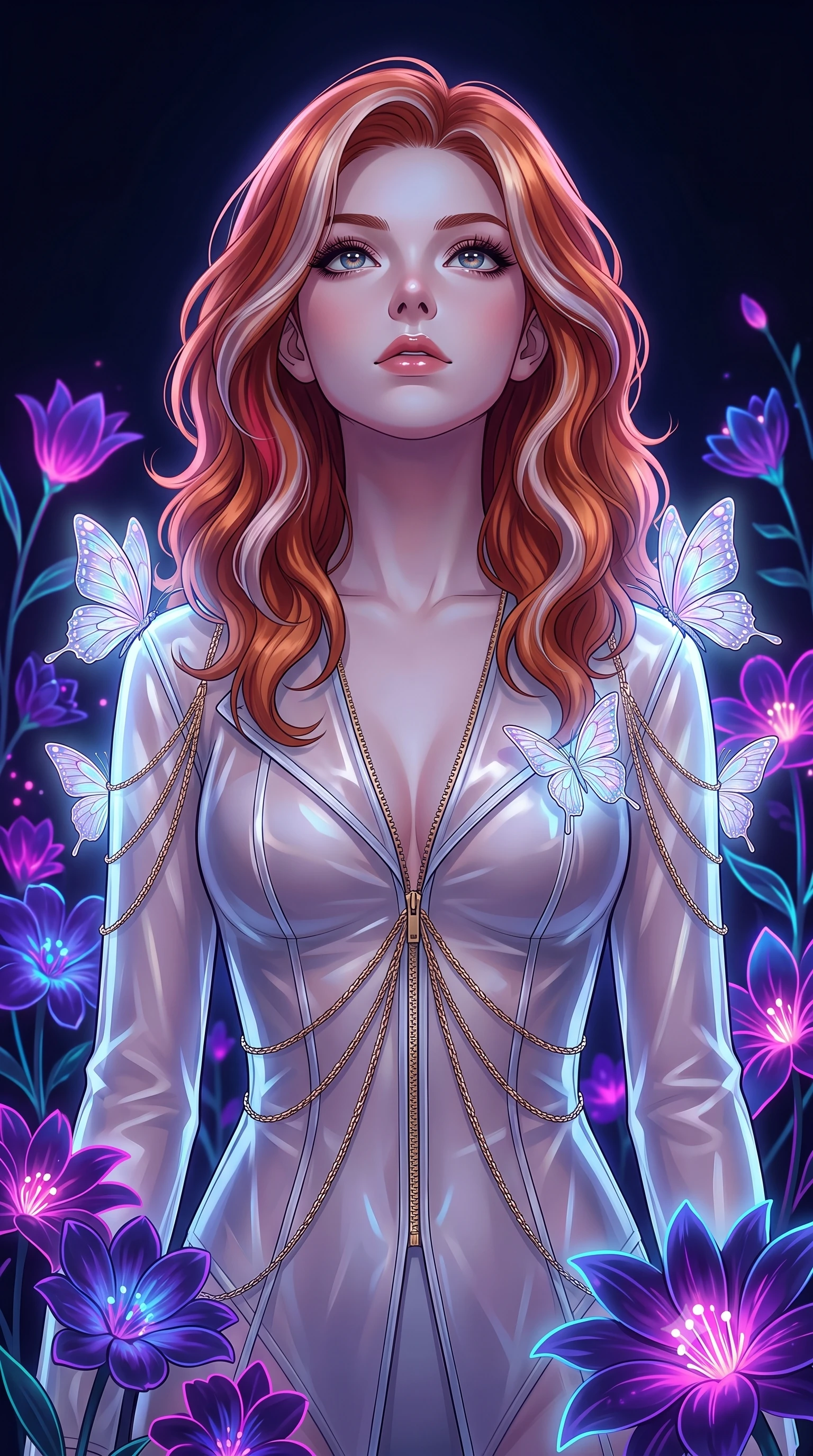 score_9, masterpiece, best quality, ultra-detailed, High-budget Anime Keyframe, Caucasian woman, strictly human ears. Low angle cowboy shot filling the entire 9:16 frame with her statuesque presence. Scenario 399: watching digital butterflies land on her shoulders in a virtual garden where neon flowers bloom in the dark. Her presence is magnetic and overpowering in this high-budget anime scene. Outfit 399: a tailored translucent PVC sheer with a unzipped detail and fine gold chains. The clothing is designed to emphasize her exceptionally tall and slender 8-heads proportion. 8-heads proportion, towering silhouette, ultra-slim waist. sharp v-shaped jawline, intricate jewel-like eyes with depth, thick eyelashes, glossy lips. 2k, ultra detail, master piece, 9:16 ratio