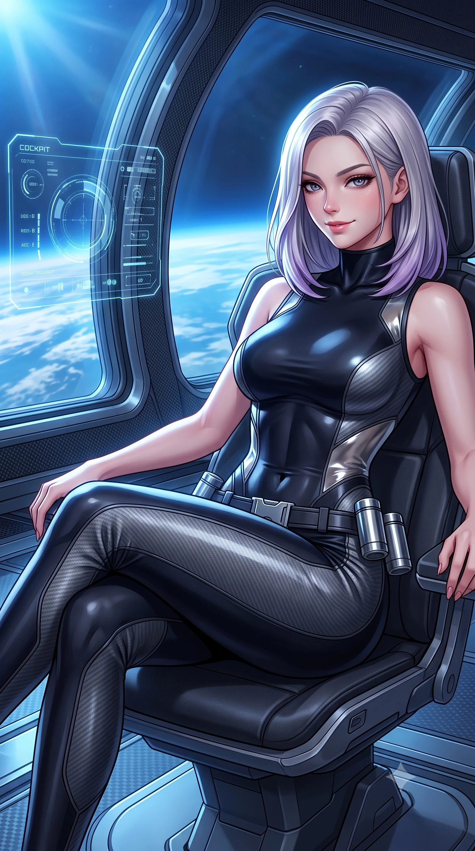 score_9, masterpiece, best quality, ultra-detailed, high-budget anime keyframe, semi-realistic 3D game render, editorial fashion photography, tasteful artistic composition, Caucasian woman. close-up cowboy shot from the waist and thighs up, the character dominates the composition, filling the frame with her large presence. turning slowly with a smoldering smile, her sleek hair catching the cockpit HUD rim light as her hips angle gracefully in a captivating contrapposto while lounging in an ergonomic gravity lounge seat with legs crossed, her statuesque presence commanding the monumental space elevator view. The surrounding environment is rendered in vivid detail and crisp panoramic clarity: sharp carbon-nanotube tether weave texture, curved panoramic glass window gaskets, and titanium floor plates in deep focus. She has an exceptionally elegant, slender, and willowy female figure with an ultra-slim waist, flat toned midriff, narrow ribcage, and sculpted feminine hips creating an alluring, slim hourglass silhouette without bulk. sharp v-shaped jawline, high-bridge nose, intricate jewel-like sparkling eyes with depth, thick eyelashes, glossy parted lips with a natural sheen, bright confident smile with an enchanting and coquettish sensual glint, exuding both youthful magnetic charm and sovereign high-tech allure, flawlessly proportioned anatomical accuracy, strict slender model proportions, natural body alignment, perfectly sculpted long slender limbs, ultra-slim waistline, clean dynamic posture without body distortion. wearing a sleeveless high-collar cyber pilot suit in liquid-look obsidian jersey with strategic sheer ventilation panels in reflective liquid mercury and matte phantom grey, crafted from lightweight aerodynamic matte carbon-fiber weave with structural stiffness, accented with a sleek utility belt with polished magnetic canisters resting loosely on her curvy hips, the form-fitting tactical tailoring adhering flawlessly to her sculpted flat midriff and slender torso, emphasizing her long leg lines and perfectly proportioned willowy build. bathed in magnificent blue Earth-shine cascading through colossal panoramic viewing windows. highly saturated vibrant anime colors, detailed shading with soft gradients, rich glossy textures, high-contrast stereoscopic depth, volumetric dynamic lighting, master piece, 9:16 ratio