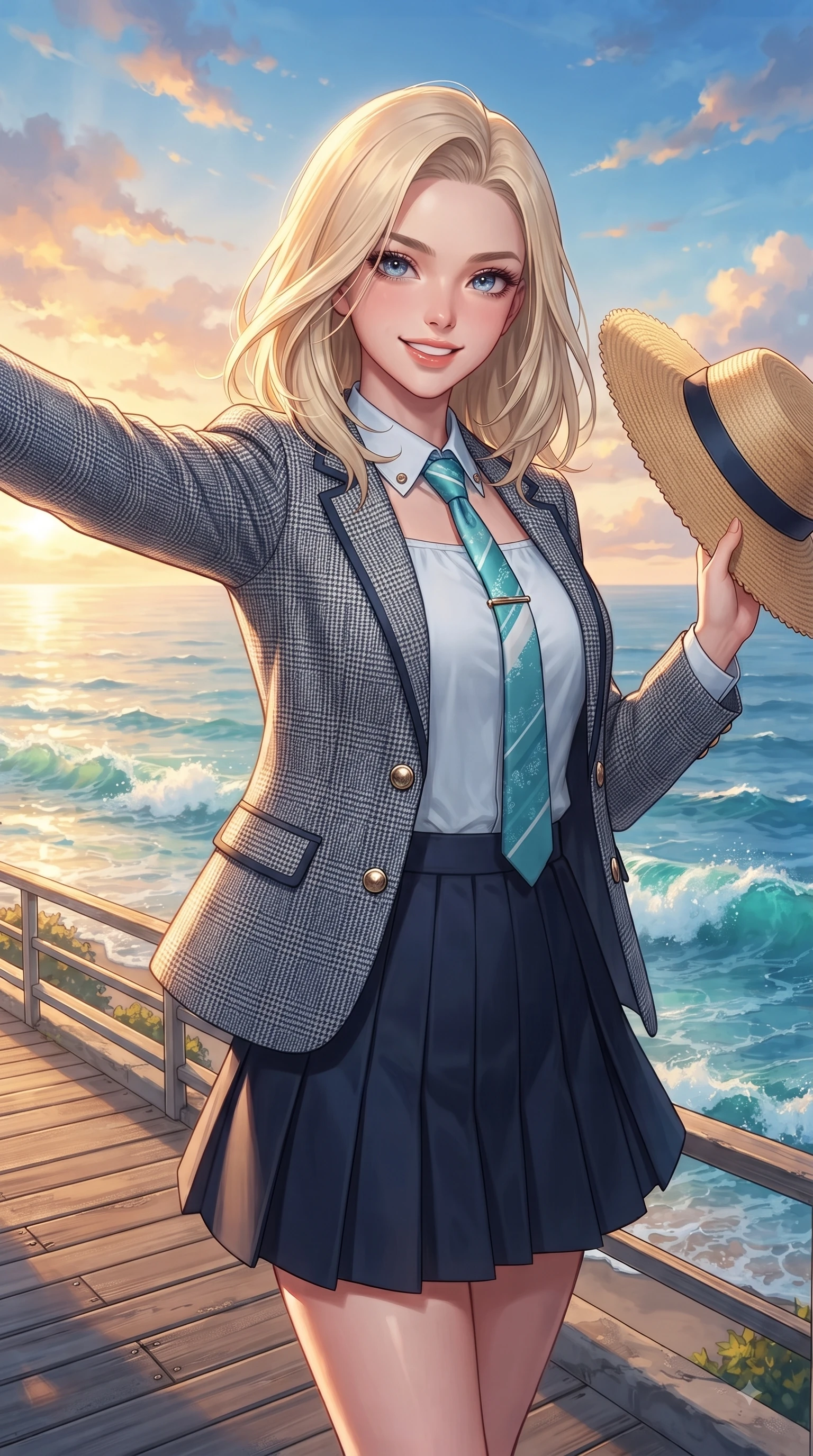 score_9, masterpiece, best quality, ultra-detailed, high-budget anime keyframe, editorial fashion photography, tasteful artistic composition, Caucasian woman. close-up cowboy shot from the waist and thighs up, the character dominates the composition, filling the frame with her large presence. Extending one arm in an elegant stretch toward the light while smiling with vibrant, youthful self-assurance while holding her straw sunhat lightly against the ocean breeze while smiling happily into the camera. The surrounding environment is rendered in vivid detail and crisp panoramic clarity. vibrant sea foam crests, coastal boardwalk wooden planks, and crisp blue skies in panoramic clarity. She has an exceptionally elegant, slender, and willowy female figure with an ultra-slim waist, a gracefully sculpted slender torso, and a refined silhouette. sharp v-shaped jawline, high-bridge nose, intricate jewel-like eyes with depth, thick eyelashes, glossy lips with a natural sheen, flawlessly proportioned anatomical accuracy, natural body alignment, perfectly sculpted elegant limbs, clean dynamic posture without body distortion. wearing a preppy academy blazer over a crisp collared shirt, navy pleated skirt, and a slim necktie in ocean turquoise and sea-salt white, made of comfortable premium stretch denim and soft jersey, featuring elegant flutter sleeves and a graceful square neckline, the relaxed yet flattering fit accentuating her naturally graceful and slender figure. illuminated by a glorious golden hour sunburst painting the clouds in joyful peach and amber. ultra-reflective glossy finish, specular highlights, metallic sheen, high-contrast stereoscopic depth, volumetric dynamic lighting, 2k, ultra detail, master piece, 9:16 ratio