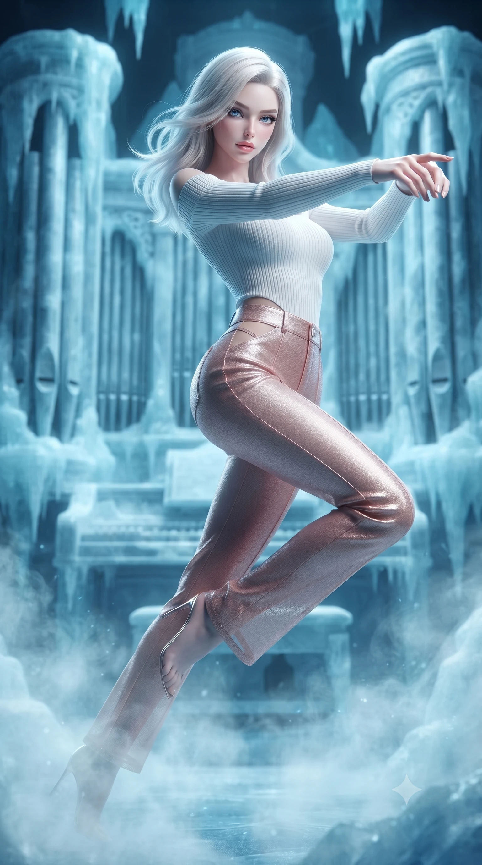score_9, masterpiece, best quality, ultra-detailed, high-budget anime keyframe, editorial fashion photography, tasteful artistic composition, Caucasian woman. close-up cowboy shot from the waist and thighs up, the character dominates the composition, filling the frame with her large presence, background elements kept in soft focus. Reaching her hand gracefully toward the camera with magnetic allure, her torso turning in a dynamic S-curve alignment while leaping across a frozen pipe organ stage as cyan neon aria lights pulse rhythmically, sub-zero mist swirling gently around her long slender legs and athletic build. She has an exceptionally elegant, slender, and willowy female figure with an ultra-slim waist, a gracefully sculpted slender torso, and a refined silhouette. sharp v-shaped jawline, high-bridge nose, intricate jewel-like eyes with depth, thick eyelashes, glossy lips with a natural sheen, flawlessly proportioned anatomical accuracy, natural body alignment, perfectly sculpted elegant limbs, clean dynamic posture without body distortion. wearing a sleek off-shoulder ribbed knit top paired with high-waist tailored pants in pearl white and rose gold, woven from fine semi-opaque sheer organza, featuring subtle geometric cutouts that highlight her ultra-slim midriff, the sleek second-skin texture accentuating her magnetic presence. surrounded by a high-contrast icy luminescence and deep velvet shadows. ultra-reflective glossy finish, specular highlights, metallic sheen, high-contrast stereoscopic depth, volumetric dynamic lighting, 2k, ultra detail, master piece, 9:16 ratio