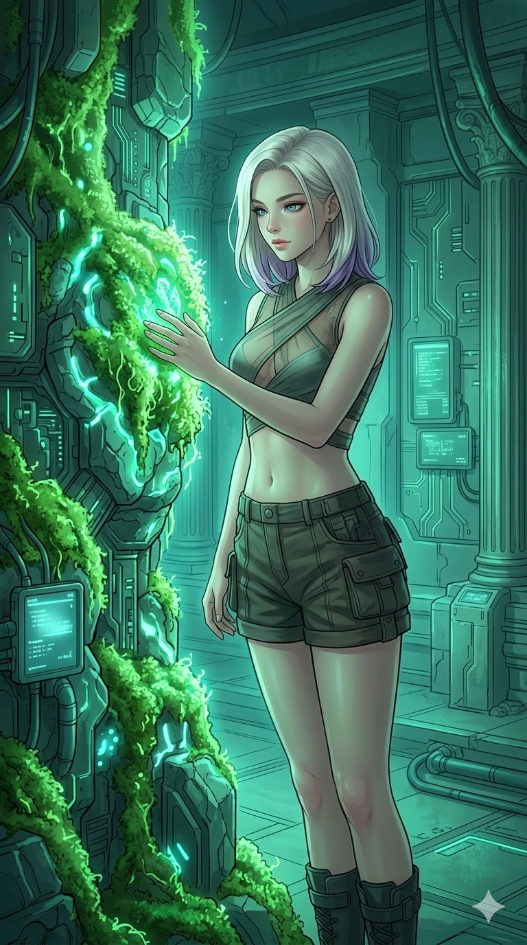 score_9, masterpiece, best quality, ultra-detailed, high-budget anime keyframe, editorial fashion photography, tasteful artistic composition, Caucasian woman, strictly human ears. Upper body close-up from the thighs up, character filling the screen for maximum presence. Standing next to a glowing moss wall in a tech-temple, touching the moss with a captivated, peaceful expression. She is wearing a cropped wrap top with sheer panels, utility shorts, and boots. The scene is bathed in the soft green bioluminescent light of the moss. 2k, ultra detail, master piece, 9:16 ratio