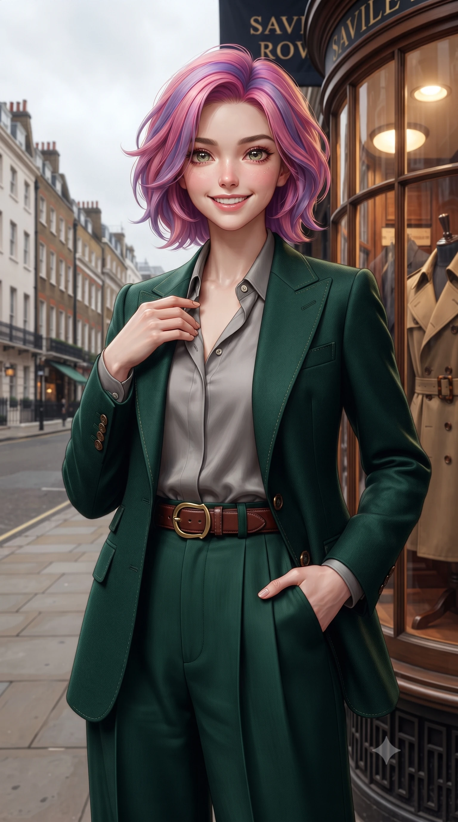 score_9, masterpiece, best quality, ultra-detailed, high-budget anime keyframe, editorial fashion photography, tasteful artistic composition, Caucasian woman. close-up cowboy shot from the waist and thighs up, the character dominates the composition, filling the frame with her large presence. resting one hand gracefully on her tailored blazer lapel while looking into the camera with bright, sparkling eyes while pausing in front of the warm bay window of a heritage Savile Row tailor shop, one hand slipped gracefully into her tailored coat pocket. The surrounding environment is rendered in vivid detail and crisp panoramic clarity: detailed double-breasted trench coat stitching, tortoiseshell buckle accents, and Mayfair heritage streetscape in razor-sharp precision. She has an exceptionally elegant, slender, and willowy female figure with an ultra-slim waist, flat toned midriff, narrow ribcage, and sculpted feminine hips creating an alluring, slim hourglass silhouette without bulk. sharp v-shaped jawline, high-bridge nose, intricate jewel-like sparkling eyes with depth, thick eyelashes, glossy parted lips with a natural peach sheen, bright cheerful beaming smile with an enchanting and coquettish sensual glint, exuding both youthful cute charm and seductive allure, flawlessly proportioned anatomical accuracy, strict slender model proportions, natural body alignment, perfectly sculpted long slender limbs, ultra-slim waistline, clean dynamic posture without body distortion. wearing a chic tailored smoking jacket blazer paired with fluid pleated palazzo trousers and a silk blouse base in St. Moritz pine forest emerald and heather grey, made of crisp Egyptian cotton poplin with pristine tailored pressing, finished with a smooth equestrian bridle-leather belt with a polished brass horseshoe buckle, the structured cinched belt emphasizing her narrow waistline and gracefully balanced proportions with timeless haute-couture polish. bathed in diffused London overcast sky light contrasted with warm incandescent shopfront display illumination. ultra-reflective glossy finish, specular highlights, rich textural contrasts, high-contrast stereoscopic depth, volumetric dynamic lighting, 2k, ultra detail, master piece, 9:16 ratio
