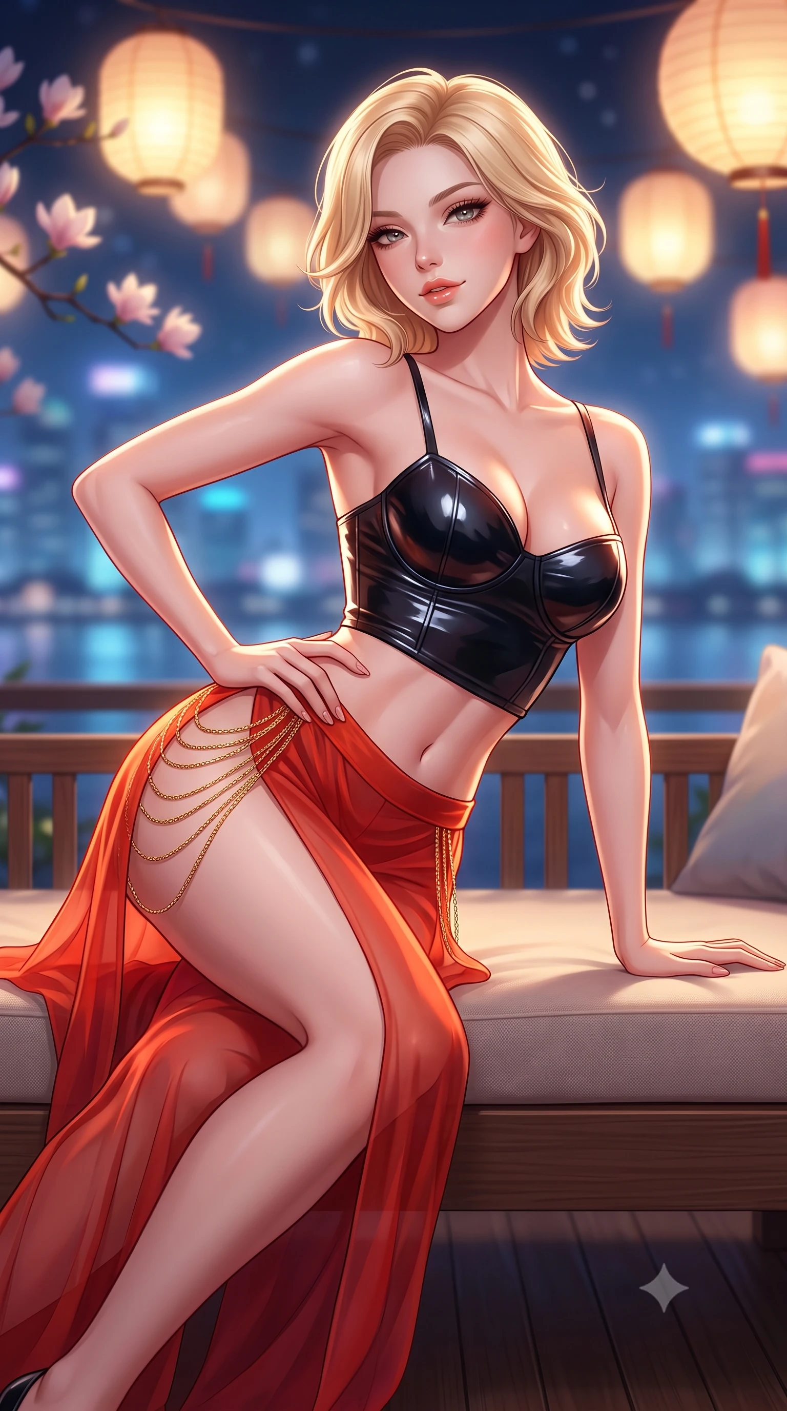 score_9, masterpiece, best quality, ultra-detailed, high-budget anime keyframe, semi-realistic 3D game render, editorial fashion photography, tasteful artistic composition, Caucasian woman. close-up cowboy shot from the waist and thighs up, the character dominates the composition, filling the frame with her large presence. twisting her slender torso in an alluring contrapposto stance, one hand resting on her sculpted hip while her fingers toy with her hair with effortless poise while lounging across the low teak daybed propped on one hand, her long slender legs and flat midriff radiating effortless metropolitan siren elegance. The background shows a soft-focus glowing paper lanterns softened in romantic nocturnal sky-sanctuary shallow focus. She has an exceptionally elegant, slender, and willowy female figure with an ultra-slim waist, flat toned midriff, narrow ribcage, and sculpted feminine hips creating an alluring, slim hourglass silhouette without bulk. sharp v-shaped jawline, high-bridge nose, sparkling eyes with hypnotic seductive depth, thick curled eyelashes, glossy parted lips with a natural dewy peach sheen, alluring bedroom-eyes with an enchanting coquettish smile, exuding magnetic siren charisma and sophisticated glamour, flawlessly proportioned anatomical accuracy, strict slender model proportions, natural body alignment, perfectly sculpted long slender limbs, ultra-slim waistline, clean dynamic posture without body distortion. wearing a wet-look form-fitting vinyl bustier paired with sheer chiffon high-slit wide-leg trousers in Pudong electric vermilion and obsidian lacquer, made of sheer gossamer chiffon that drapes softly against skin with airy translucence, accented with an open-back drape framed by falling strands of delicate gold chains, the form-contouring silhouette accentuating her sculpted flat midriff, narrow delicate ribcage, and gracefully curvy hips with intoxicating allure. bathed in soft 2800K low-voltage garden ground spotlights highlighting magnolia branches mixed with cool river skyline glow. highly saturated vibrant anime colors, detailed shading with soft gradients, rich glossy textures, high-contrast stereoscopic depth, volumetric dynamic lighting, master piece, 9:16 ratio