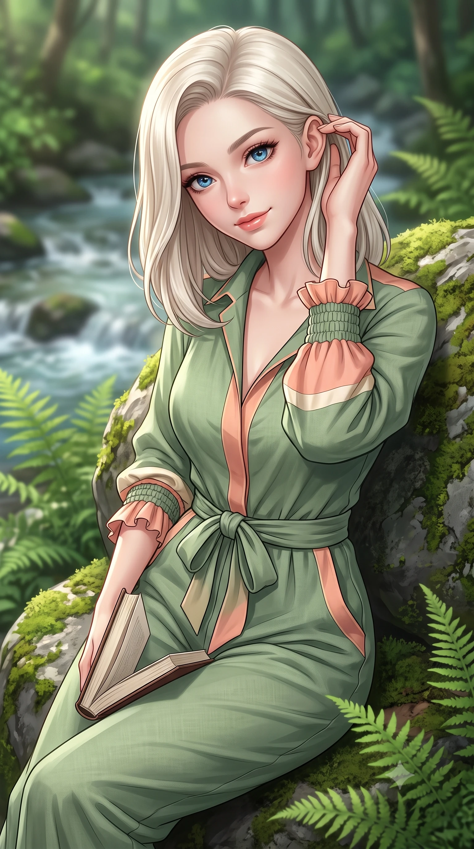 score_9, masterpiece, best quality, ultra-detailed, high-budget anime keyframe, semi-realistic 3D game render, editorial fashion photography, tasteful artistic composition, Caucasian woman. close-up cowboy shot from the waist and thighs up, the character dominates the composition, filling the frame with her large presence. tilting her head with a cute, youthful grin while brushing a stray strand of hair behind her ear with slender fingers while leaning against a mossy forest boulder with a book in her lap, looking up with a gentle, enchanting expression. The composition keeps background elements in soft focus with creamy bokeh. babbling brook currents and lush fern undergrowth softened by gentle shallow depth of field. She has an exceptionally elegant, slender, and willowy female figure with an ultra-slim waist, a gracefully sculpted slender torso, toned flat midriff, and a refined slim silhouette. sharp v-shaped jawline, high-bridge nose, intricate jewel-like eyes with depth, thick eyelashes, glossy lips with a natural sheen, pure and lovely fresh girlhood expression, flawlessly proportioned anatomical accuracy, strict slender model proportions, natural body alignment, perfectly sculpted long slender limbs, ultra-slim waistline, clean dynamic posture without body distortion. wearing a relaxed sage green linen jumpsuit with a tied waist sash and folded collar in warm peach blossom pink and champagne ivory, tailored from crisp organic cotton poplin, accented with soft smocked elastic details and ruffled cuff trims, the soft airy drape swaying gracefully with her dynamic movements, emphasizing her tall willowy build and slim waistline. surrounded by a pure, healing, and magically enchanting forest fairy maiden aura. highly saturated vibrant anime colors, detailed shading with soft gradients, rich glossy textures, high-contrast stereoscopic depth, volumetric dynamic lighting, master piece, 9:16 ratio