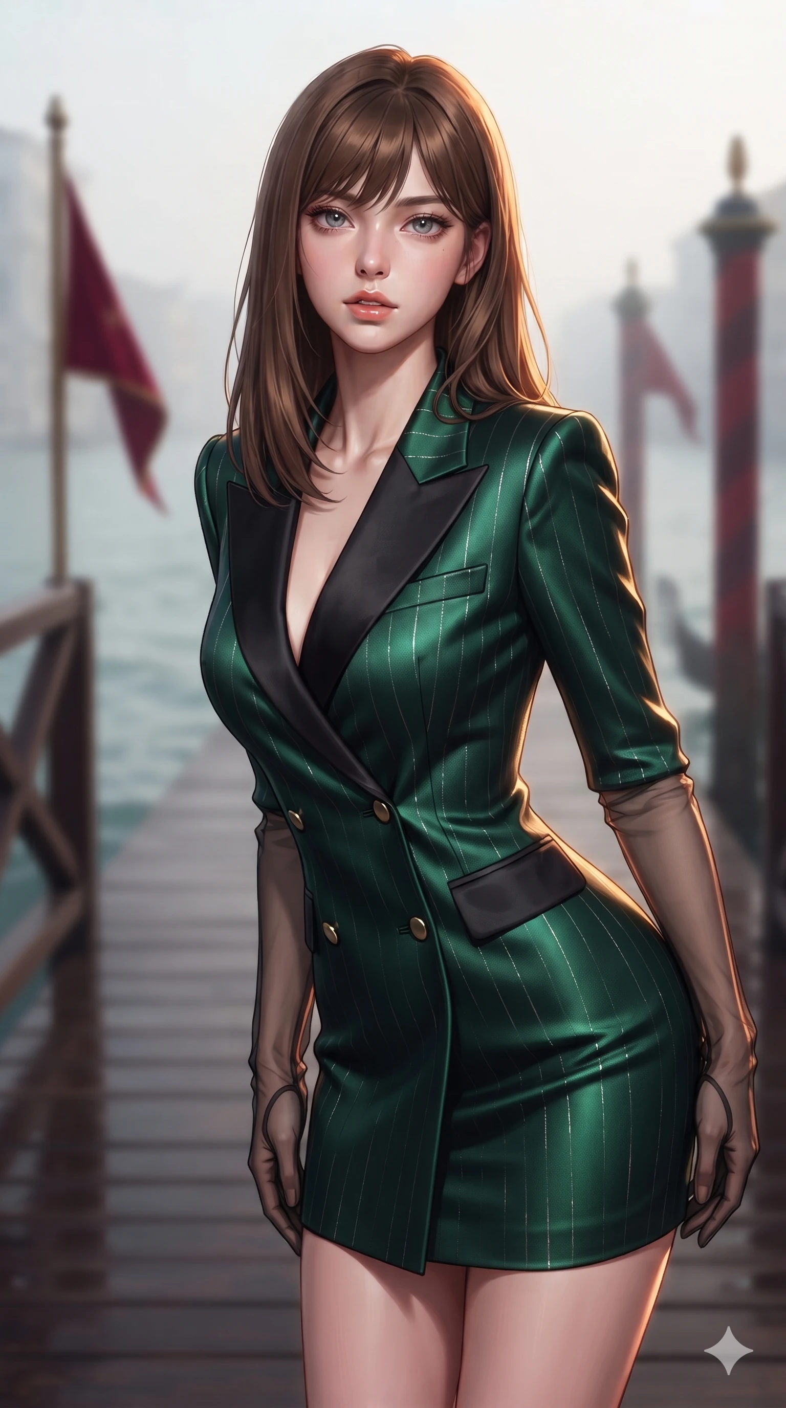 score_9, masterpiece, best quality, ultra-detailed, high-budget anime keyframe, editorial fashion photography, tasteful artistic composition, Korean woman. close-up cowboy shot from the waist and thighs up, the character dominates the composition, filling the frame with her large presence. leaning forward while arching her lower back to accentuate her curvy hips, looking into the camera with an intoxicating smoldering gaze and bedroom-eyes while standing poised on the polished wooden regatta pier as crimson velvet mooring pennants flutter in the maritime breeze, arching her lower back with sovereign supermodel grace. The background shows a soft-focus morning canal sea-mist softened in private regatta pier shallow focus. She has an exceptionally elegant, slender, and willowy female figure with an ultra-slim waist, flat toned midriff, narrow ribcage, and sculpted feminine hips creating an alluring, slim hourglass silhouette without bulk. sharp v-shaped jawline, high-bridge nose, intricate jewel-like sparkling eyes with depth, thick eyelashes, glossy parted lips with a natural sheen, intensely captivating and seductive bedroom-eyes expression, exuding both youthful cute charm and sovereign luxury allure, flawlessly proportioned anatomical accuracy, strict slender model proportions, natural body alignment, perfectly sculpted long slender limbs, ultra-slim waistline, clean dynamic posture without body distortion. wearing a tailored double-breasted tuxedo evening dress with structured satin lapels and subtle silver pinstripes in deep emerald green satin and gold hardware accents, woven from high-density tech-wool with subtle metallic thread weave, complemented by sheer opera-length evening gloves tracing her slender arms, the bespoke structured tailoring following the natural line of her 8.5-heads silhouette with refined elegance. illuminated by water surface bounce and sharp golden-amber rim lights sculpting her razor-sharp jawline, narrow waist, and curvy hips. ultra-reflective glossy finish, specular highlights, rich textural contrasts, high-contrast stereoscopic depth, volumetric dynamic lighting, 2k, ultra detail, master piece, 9:16 ratio