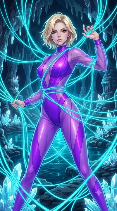 score_9, masterpiece, best quality, ultra-detailed, High-budget Anime Keyframe, Caucasian woman, strictly human ears. Low angle cowboy shot filling the entire 9:16 frame with her statuesque presence. Scenario 517: tangled in a web of glowing cyan fib