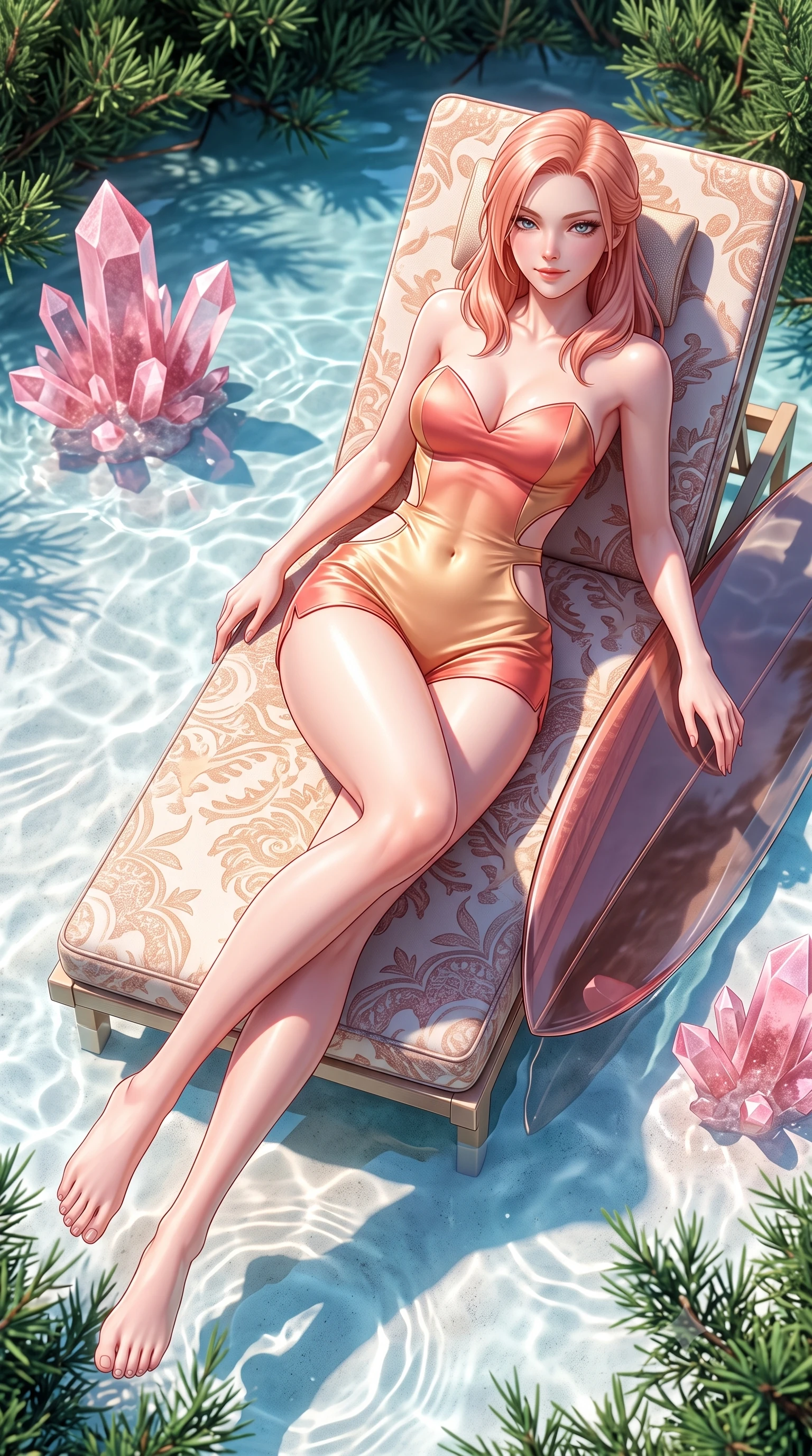 score_9, masterpiece, best quality, ultra-detailed, high-budget anime keyframe, semi-realistic 3D game render, editorial fashion photography, tasteful artistic composition, Japanese woman. low angle full-body shot from head to toe showing her feet, filling the entire 9:16 vertical frame with her statuesque presence, stretching her vertical silhouette. lounging on the lavish daybed with legs crossed and hips angled toward the camera, displaying her toned midriff and long slender limbs with effortless siren poise while twisting her slender torso in an alluring contrapposto stance, crystal-clear lagoon water mirroring her narrow waist and rounded hips. The surrounding environment is rendered in vivid detail and crisp panoramic clarity: sharp pink granite feldspar crystals, clear shallow water ripple shadows on white sand, and wild juniper needles in deep focus. She has an absolutely perfect, statuesque 8.5-heads proportion, an exceptionally tall and slender model-like female figure with impossibly long slender legs, an ultra-slim waist, a flat toned midriff, narrow delicate ribcage, and beautifully sculpted feminine hips creating a graceful, slim hourglass silhouette without any bulky heaviness. sharp v-shaped jawline, high-bridge nose, sparkling eyes with hypnotic seductive depth, thick curled eyelashes, glossy parted lips with a natural dewy peach sheen, alluring bedroom-eyes with an enchanting coquettish smile, exuding magnetic siren charisma and sophisticated glamour, flawlessly proportioned anatomical accuracy, strict slender model proportions, natural body alignment, perfectly sculpted long slender limbs, ultra-slim waistline, clean dynamic posture without body distortion. wearing a deep sweetheart-neckline buckskin bodycon romper with side-hip cutouts accentuating her hourglass curves in sun-kissed coral pink and golden sand beige, crafted from fluid liquid silk satin that clings smoothly to every curve with a dewy sheen, accented with a custom high-gloss tinted surfboard held lightly with one hand, the liquid-tight tailored fabric clinging flawlessly to her narrow waist and rounded feminine hips, emphasizing every millimeter of her sculpted slim hourglass curves without any bulky heaviness. illuminated by lagoon water caustic bounce and sharp platinum rim lights defining her delicate clavicles, narrow waist, and curvy hips. highly saturated vibrant anime colors, detailed shading with soft gradients, rich glossy textures, high-contrast stereoscopic depth, volumetric dynamic lighting, master piece, 9:16 ratio