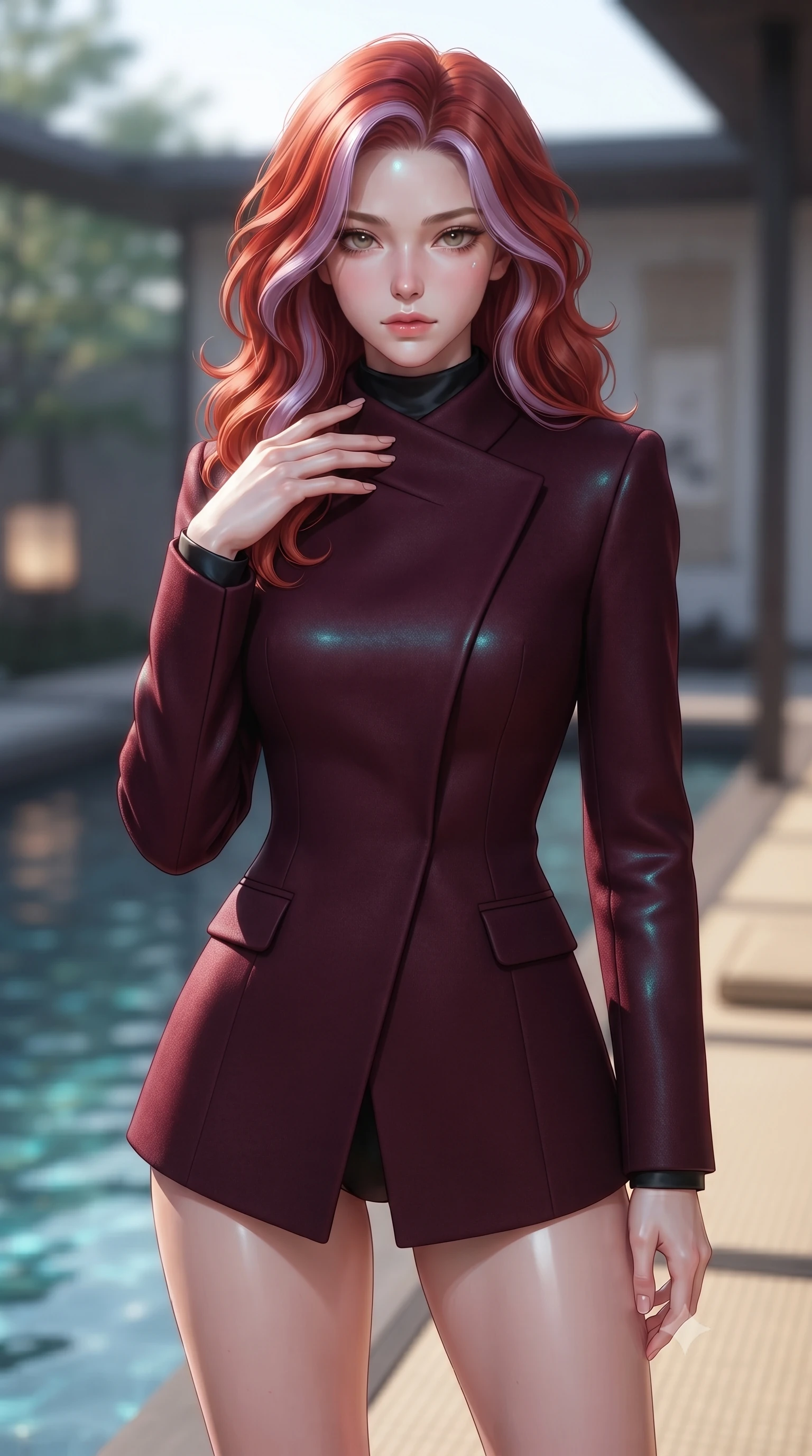 score_9, masterpiece, best quality, ultra-detailed, high-budget anime keyframe, editorial fashion photography, tasteful artistic composition, Caucasian woman. close-up cowboy shot from the waist and thighs up, the character dominates the composition, filling the frame with her large presence, background elements kept in soft focus. standing with one hand resting on her collarbone, looking at the viewer with bedroom-eyes the background shows a soft-focus a modern minimal villa courtyard with a quiet reflection pool and tatami mats. She has an exceptionally elegant, slender, and willowy female figure with an ultra-slim waist, a gracefully sculpted slender torso, and a refined silhouette. sharp v-shaped jawline, high-bridge nose, intricate jewel-like eyes with depth, thick eyelashes, glossy lips with a natural sheen. wearing a slim-fit tailored asymmetric jacket in deep burgundy wool with a high wrap collar, over a black silk mock-neck blouse. shifting aqua light reflections from the pool water mapping across her features. ultra-reflective glossy finish, specular highlights, metallic sheen, high-contrast stereoscopic depth, volumetric dynamic lighting, 2k, ultra detail, master piece, 9:16 ratio