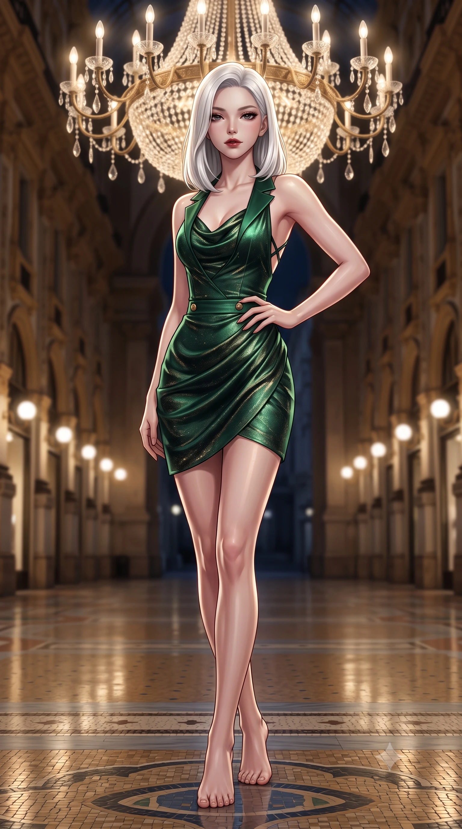score_9, masterpiece, best quality, ultra-detailed, high-budget anime keyframe, editorial fashion photography, tasteful artistic composition, Korean woman. low angle full-body shot from head to toe showing her feet, filling the entire 9:16 vertical frame with her statuesque presence, stretching her vertical silhouette. pausing mid-stride beneath the grand chandelier with one hand resting on her narrow waist, her arched hips and statuesque 8.5-heads presence commanding the 9:16 vertical frame while twisting her slender torso in an alluring contrapposto stance, her dark tailored gown clinging to her narrow waist and rounded feminine hips. The composition keeps background elements in soft focus with dreamy creamy bokeh. the quiet midnight mosaic arcade floor and elegant shopfront brass frames softened in regal Milanese shallow focus. She has an exceptionally tall and slender model-like 8.5-heads proportion, an ultra-slim waist, a flat toned midriff, narrow delicate ribcage, and beautifully sculpted feminine hips creating a graceful, slim hourglass silhouette without any bulky heaviness, with impossibly long slender legs. sharp v-shaped jawline, high-bridge nose, intricate jewel-like dark sparkling eyes with dangerous depth, thick curled eyelashes, glossy parted lips with a rich wine sheen, smoldering seductive half-smile with bedroom-eyes, exuding effortless superiority and intoxicating dark allure, flawlessly proportioned anatomical accuracy, strict slender model proportions, natural body alignment, perfectly sculpted long slender limbs, ultra-slim waistline, clean dynamic posture without body distortion. wearing a cowl-neck emerald green silk satin slip dress with criss-cross back straps and hip-accentuating drape in midnight jet-black and liquid champagne gold, woven from metallic lurex thread casting subtle starlight glints across the fabric, finished with sharp tailored peak lapels and subtle horn button accents, the form-fitting cut adhering flawlessly to her sculpted flat midriff and slender torso, emphasizing her long leg lines and perfectly proportioned willowy build. bathed in majestic golden arcade chandelier light and soft ambient streetlamp wash. ultra-reflective glossy finish, specular highlights, rich textural contrasts, high-contrast stereoscopic depth, volumetric dynamic lighting, 2k, ultra detail, master piece, 9:16 ratio