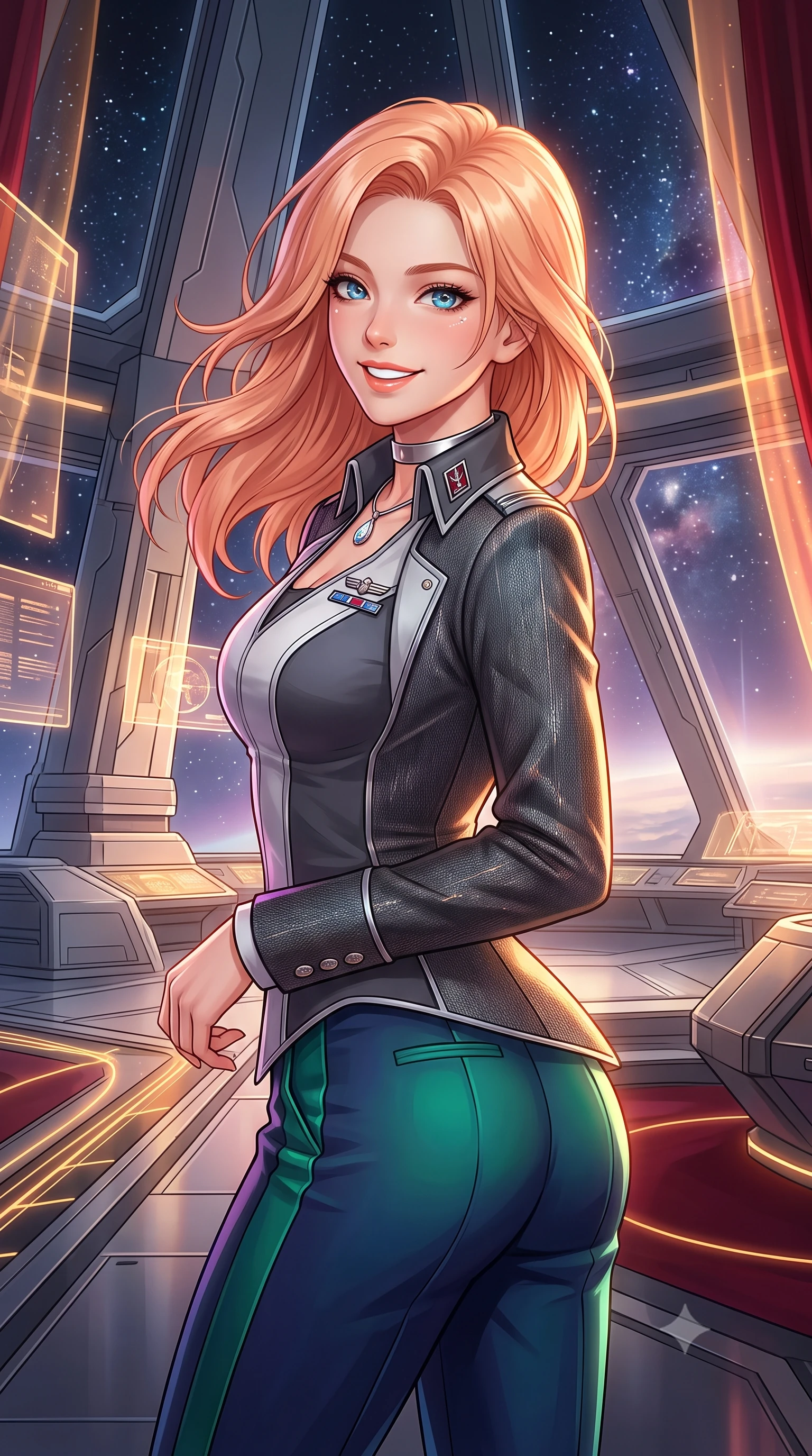 score_9, masterpiece, best quality, ultra-detailed, high-budget anime keyframe, semi-realistic 3D game render, editorial fashion photography, tasteful artistic composition, Japanese woman. close-up cowboy shot from the waist and thighs up, the character dominates the composition, filling the frame with her large presence. posing in an alluring rear three-quarter angle, looking over a bare shoulder with parted glossy lips, her hips cocked back to highlight her slim hourglass curve while twisting her slender torso in an alluring contrapposto stance, fiber-optic gold filigree and crimson velvet light wrapping around her narrow waist and curvy hips. The surrounding environment is rendered in vivid detail and crisp panoramic clarity: detailed anime keyframe lines, rich fabric textures, and monumental imperial space architecture in razor-sharp precision. She has an exceptionally elegant, slender, and willowy female figure with an ultra-slim waist, flat toned midriff, narrow ribcage, and sculpted feminine hips creating an alluring, slim hourglass silhouette without bulk. sharp v-shaped jawline, high-bridge nose, intricate jewel-like sparkling eyes with depth, thick eyelashes, glossy parted lips with a natural peach sheen, bright cheerful beaming smile with an enchanting and coquettish sensual glint, exuding both youthful cute charm and seductive allure, flawlessly proportioned anatomical accuracy, strict slender model proportions, natural body alignment, perfectly sculpted long slender limbs, ultra-slim waistline, clean dynamic posture without body distortion. wearing a tailored orbital colony command uniform in dark grey and white paneling with rank insignia pins and tailored straight-leg trousers in bioluminescent emerald and abyssal sapphire, tailored from high-density tech-wool with subtle metallic thread weave, finished with a minimalist chrome choker and a single teardrop diamond pendant, the bespoke structured tailoring following the natural line of her 8.5-heads silhouette with refined elegance. bathed in warm 2600K golden spotlight radiance combined with ruby and amber holographic curtain glow. highly saturated vibrant anime colors, detailed shading with soft gradients, rich glossy textures, high-contrast stereoscopic depth, volumetric dynamic lighting, master piece, 9:16 ratio