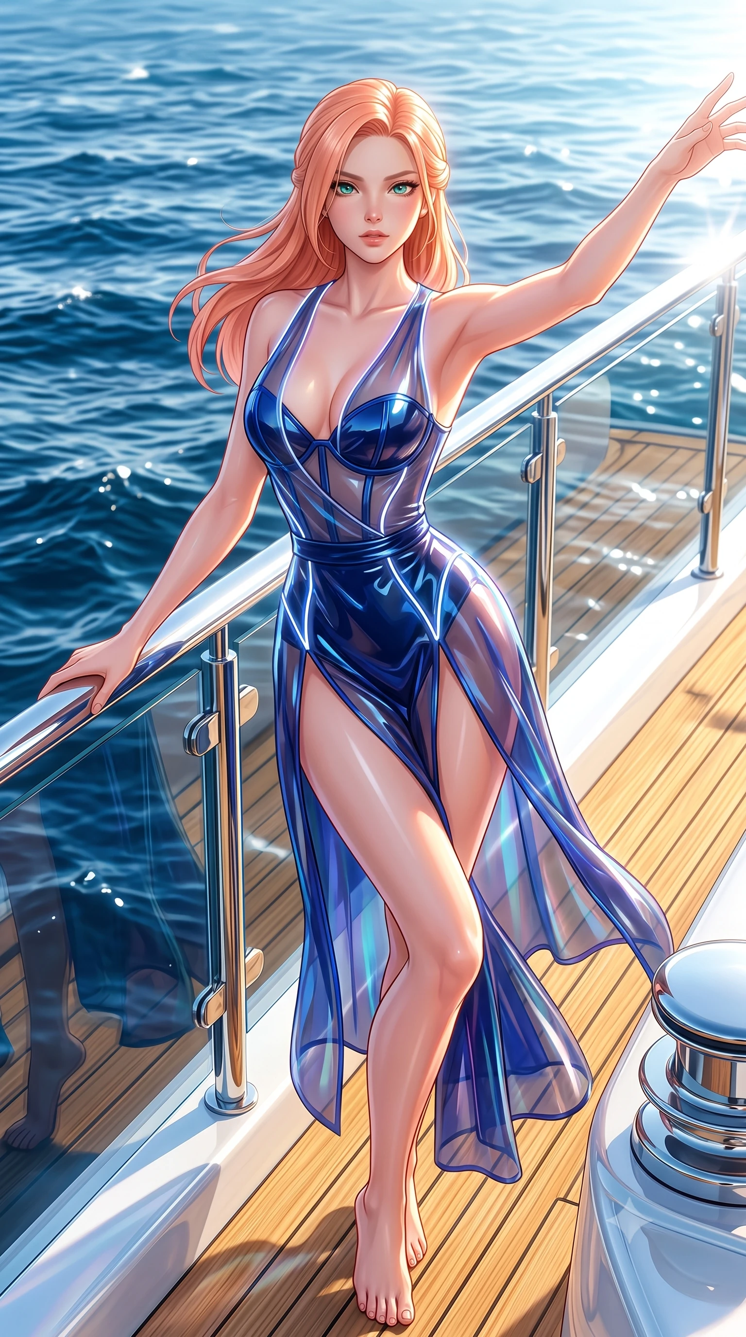 score_9, masterpiece, best quality, ultra-detailed, high-budget anime keyframe, semi-realistic 3D game render, editorial fashion photography, tasteful artistic composition, Japanese woman. close-up cowboy shot from the waist and thighs up, the character dominates the composition, filling the frame with her large presence. extending one arm gracefully toward the light while her torso arches in a sleek, alluring curve with magnetic intensity while pivoting dynamically near the yacht glass balustrade as the vessel cuts through sparkling deep blue ocean waves. The surrounding environment is rendered in vivid detail and crisp panoramic clarity. crisp golden teak deck wood grain, polished chrome yacht railings, and deep blue sea waves in deep focus. She has an exceptionally elegant, slender, and willowy female figure with an ultra-slim waist, a gracefully sculpted slender torso, toned flat midriff, and a refined slim silhouette. sharp v-shaped jawline, high-bridge nose, intricate jewel-like eyes with depth, thick eyelashes, glossy lips with a natural sheen, flawlessly proportioned anatomical accuracy, strict slender model proportions, natural body alignment, perfectly sculpted long slender limbs, ultra-slim waistline, clean dynamic posture without body distortion. wearing a translucent iridescent organza wrap dress with structured bustier boning, plunging neckline, and high-cut dual leg slits in deep royal navy blue and specular chrome, formed from high-gloss patent material with specular light reflections, accented with glowing fiber-optic seams tracing her collarbones and hip curves, the liquid-tight tailored fabric emphasizing every curve of her tall, slender model proportions and sculptured silhouette during dynamic movement. illuminated by intense white fill light and crisp specular highlights tracing her slender curves. highly saturated vibrant anime colors, detailed shading with soft gradients, rich glossy textures, high-contrast stereoscopic depth, volumetric dynamic lighting, master piece, 9:16 ratio