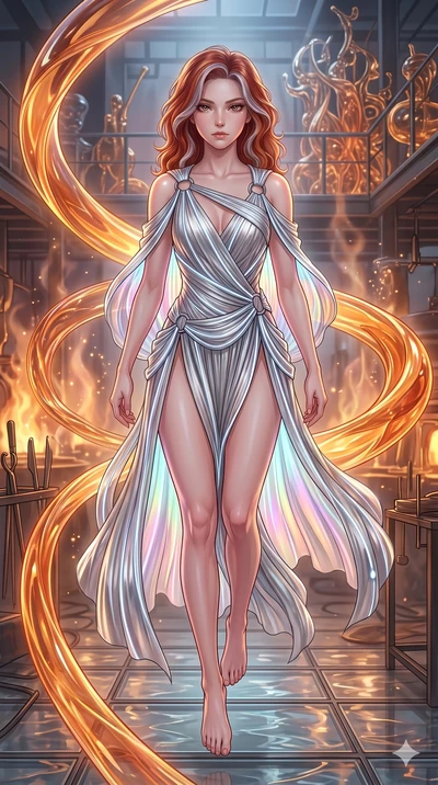 score_9, masterpiece, best quality, ultra-detailed, high-budget anime keyframe, Caucasian woman, strictly human ears. upper body close-up from the thighs up, character filling the screen for maximum presence. bounding through a molten glass art studi