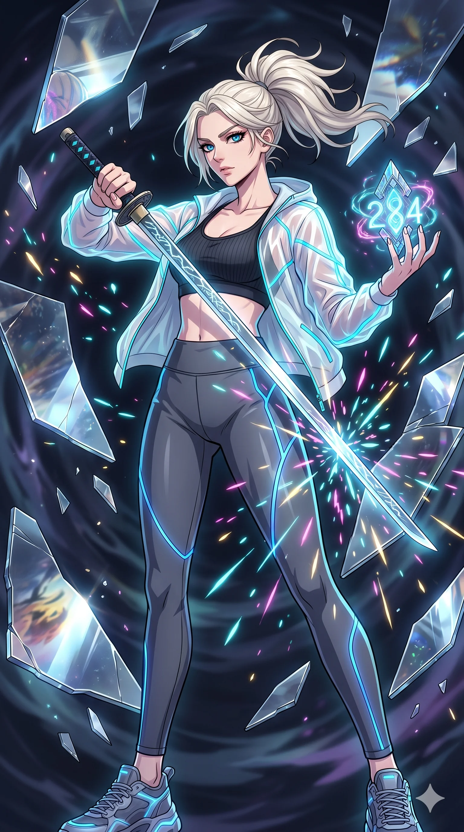 score_9, masterpiece, best quality, ultra-detailed, Set A: High-budget Anime Keyframe, Caucasian (strictly human ears) woman. Low angle cowboy shot filling the entire 9:16 frame with her statuesque presence. Drawing a blade through a dimension of floating mirrors, holding a relic that pulses with the frequency 284 and surrounded by glowing energy sparks. She has an absolutely perfect 8-heads proportion, an exceptionally tall and slender female figure with impossibly long slender legs and an ultra-slim waist. Sharp v-shaped jawline, high-bridge nose, intricate jewel-like eyes with depth, thick eyelashes, glossy lips with a natural sheen. Wearing Athleisure set with a ribbed sports bra, sheer windbreaker, and glowing energy seams. Cinematic lighting, vibrant colors, dramatic shadows, 2k, ultra detail, master piece, 9:16 ratio