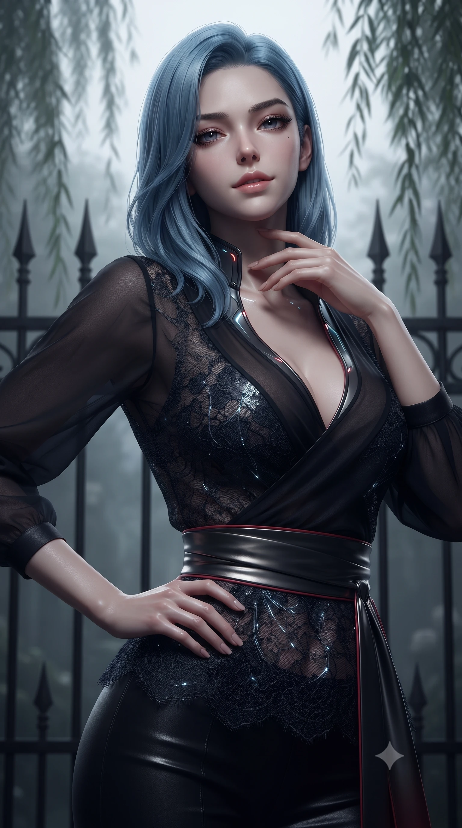 score_9, masterpiece, best quality, ultra-detailed, high-budget anime keyframe, editorial fashion photography, tasteful artistic composition, Korean woman. close-up cowboy shot from the waist and thighs up, the character dominates the composition, filling the frame with her large presence. twisting her upper body in a dynamic S-curve with an alluring smolder, one hand resting on her hip while gazing through heavy lashes with haughty, seductive disdain while resting her fingers lightly against her throat with a seductive, haunting half-smile looking into the camera lens. The composition keeps background elements in soft focus with creamy bokeh. wrought-iron gate spikes and weeping willow branches softened by moody shallow depth of field. She has an exceptionally elegant, slender, and willowy female figure with an ultra-slim waist, a gracefully sculpted slender torso, toned flat midriff, and a refined slim silhouette. sharp v-shaped jawline, high-bridge nose, intricate jewel-like eyes with depth, thick eyelashes, glossy lips with a natural sheen, flawlessly proportioned anatomical accuracy, strict slender model proportions, natural body alignment, perfectly sculpted long slender limbs, ultra-slim waistline, clean dynamic posture without body distortion. wearing a shortened dark gothic-fusion wrap top with transparent chiffon panels, a deep crossover neckline, and a metallic waist sash in shadowy asphalt black and subtle neon red edges, crafted from delicate dark lace interwoven with luminescent micro-fibers, featuring a dangerously unzipped neckline framed by subtle glowing cybernetic accents, the sleek second-skin cut tightly hugging her graceful clavicle, narrow waist, and feminine curves with athletic precision. illuminated by crisp pale key light with sharp specular highlights tracing her sculpted collarbones. ultra-reflective glossy finish, specular highlights, dark metallic sheen, deep chiaroscuro contrast, volumetric dynamic shadow lighting, 2k, ultra detail, master piece, 9:16 ratio