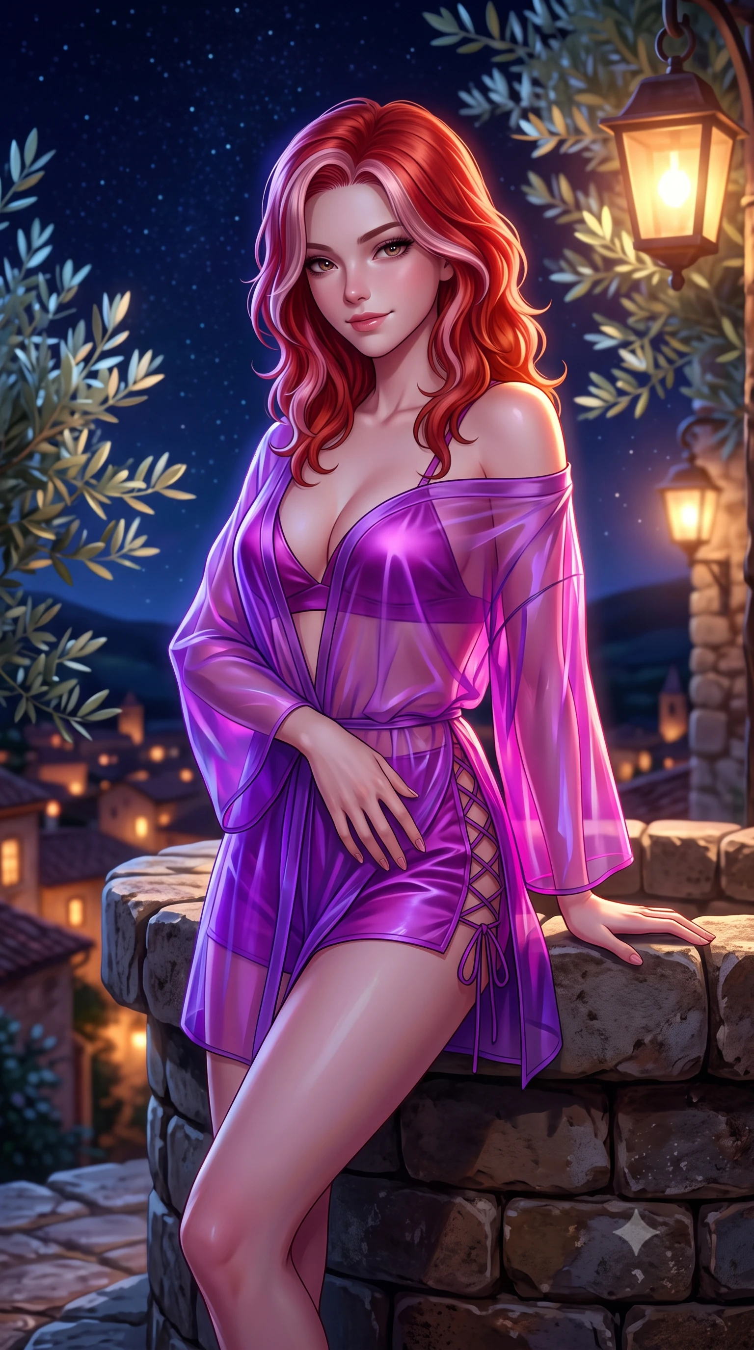 score_9, masterpiece, best quality, ultra-detailed, high-budget anime keyframe, semi-realistic 3D game render, editorial fashion photography, tasteful artistic composition, Caucasian woman. close-up cowboy shot from the waist and thighs up, the character dominates the composition, filling the frame with her large presence. tilting her head with a teasing half-smile, running one hand slowly down the side of her hip in a flirtatious S-curve as ambient light caresses her silhouette while leaning against the rustic stone wellhead with hips cocked back, looking over illuminated medieval village rooftops with smoldering bedroom-eyes. The background shows a soft-focus silver-green olive leaves softened in timeless artists' sanctuary shallow focus. She has an exceptionally elegant, slender, and willowy female figure with an ultra-slim waist, flat toned midriff, narrow ribcage, and sculpted feminine hips creating an alluring, slim hourglass silhouette without bulk. sharp v-shaped jawline, high-bridge nose, intricate jewel-like sparkling eyes with depth, thick eyelashes, glossy parted lips with a natural peach sheen, bright cheerful beaming smile with an enchanting and coquettish sensual glint, exuding both youthful cute charm and seductive allure, flawlessly proportioned anatomical accuracy, strict slender model proportions, natural body alignment, perfectly sculpted long slender limbs, ultra-slim waistline, clean dynamic posture without body distortion. wearing a sheer silk organza modern caftan robe worn loose and slipping off bare shoulders over a matching satin bralette and micro-shorts in Supertree bioluminescent magenta and electric violet, crafted from translucent silk organza with an ethereal crystalline sheen, featuring fine criss-cross lace-up side ties revealing tantalizing glimpses of her hip curve, the liquid-tight tailored fabric clinging flawlessly to her narrow waist and rounded feminine hips, emphasizing every millimeter of her sculpted slim hourglass curves without any bulky heaviness. bathed in the romantic amber 2200K gas lantern glow contrasted with deep midnight sky and starlight. highly saturated vibrant anime colors, detailed shading with soft gradients, rich glossy textures, high-contrast stereoscopic depth, volumetric dynamic lighting, master piece, 9:16 ratio
