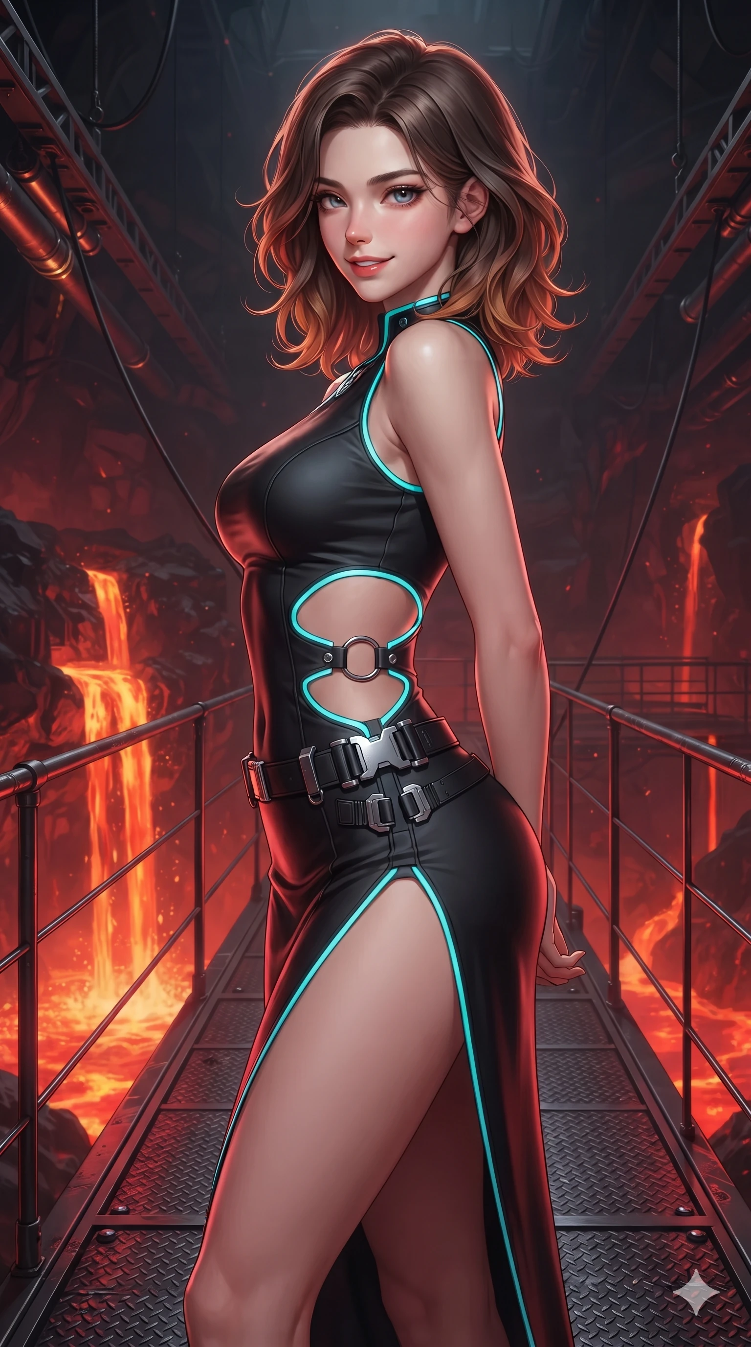 score_9, masterpiece, best quality, ultra-detailed, high-budget anime keyframe, editorial fashion photography, tasteful artistic composition, Korean woman. close-up cowboy shot from the waist and thighs up, the character dominates the composition, filling the frame with her large presence. turning slowly with an enchanting smoldering smile, her glossy hair tossing as her hips angle gracefully in a captivating contrapposto while standing poised on the suspended titanium gantry high above a subterranean lava river, arching her back with sovereign grace as liquid magma cascades into the void below. The surrounding environment is rendered in vivid detail and crisp panoramic clarity: sharp heat-treated titanium truss bolts, textured non-slip gantry plates, and glowing thermal pipe fittings in deep focus. She has an exceptionally elegant, slender, and willowy female figure with an ultra-slim waist, flat toned midriff, narrow ribcage, and sculpted feminine hips creating an alluring, slim hourglass silhouette without bulk. sharp v-shaped jawline, high-bridge nose, intricate jewel-like sparkling eyes with depth, thick eyelashes, glossy parted lips with a natural sheen, bright confident smile with an enchanting and coquettish sensual glint, exuding both youthful magnetic charm and sovereign high-tech allure, flawlessly proportioned anatomical accuracy, strict slender model proportions, natural body alignment, perfectly sculpted long slender limbs, ultra-slim waistline, clean dynamic posture without body distortion. wearing a provocative open-waist cutout tactical mini dress framed by sculptural chrome hardware and thigh-high slit in matte obsidian black and glowing neon cyan trim, adorned with delicate chrome ring hardware and cutouts along her slender waist, finished with polished chrome buckle hardware and modular magnetic holster clasps, the liquid-tight tailored fabric clinging flawlessly to her narrow waist and rounded feminine hips, emphasizing every millimeter of her sculpted slim hourglass curves without any bulky heaviness. illuminated by magma surface bounce and sharp crimson-gold rim lights defining her razor-sharp jawline, narrow waist, and curvy hips. ultra-reflective glossy finish, specular highlights, rich textural contrasts, high-contrast stereoscopic depth, volumetric dynamic lighting, 2k, ultra detail, master piece, 9:16 ratio